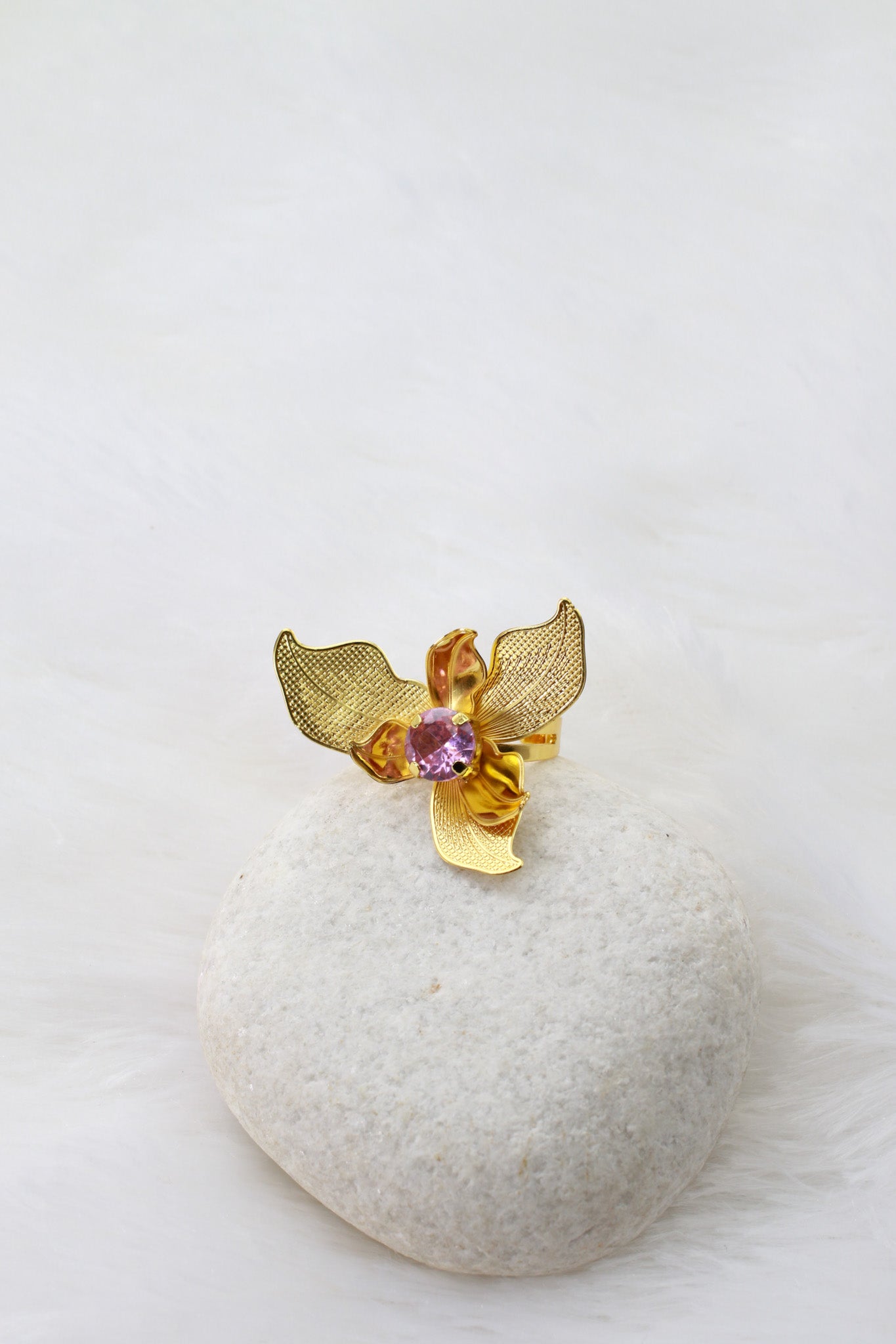 Gold Plated Orchid Motif AD Jewellery Set (Necklace, Earrings, Ring) | Anti‑Tarnish