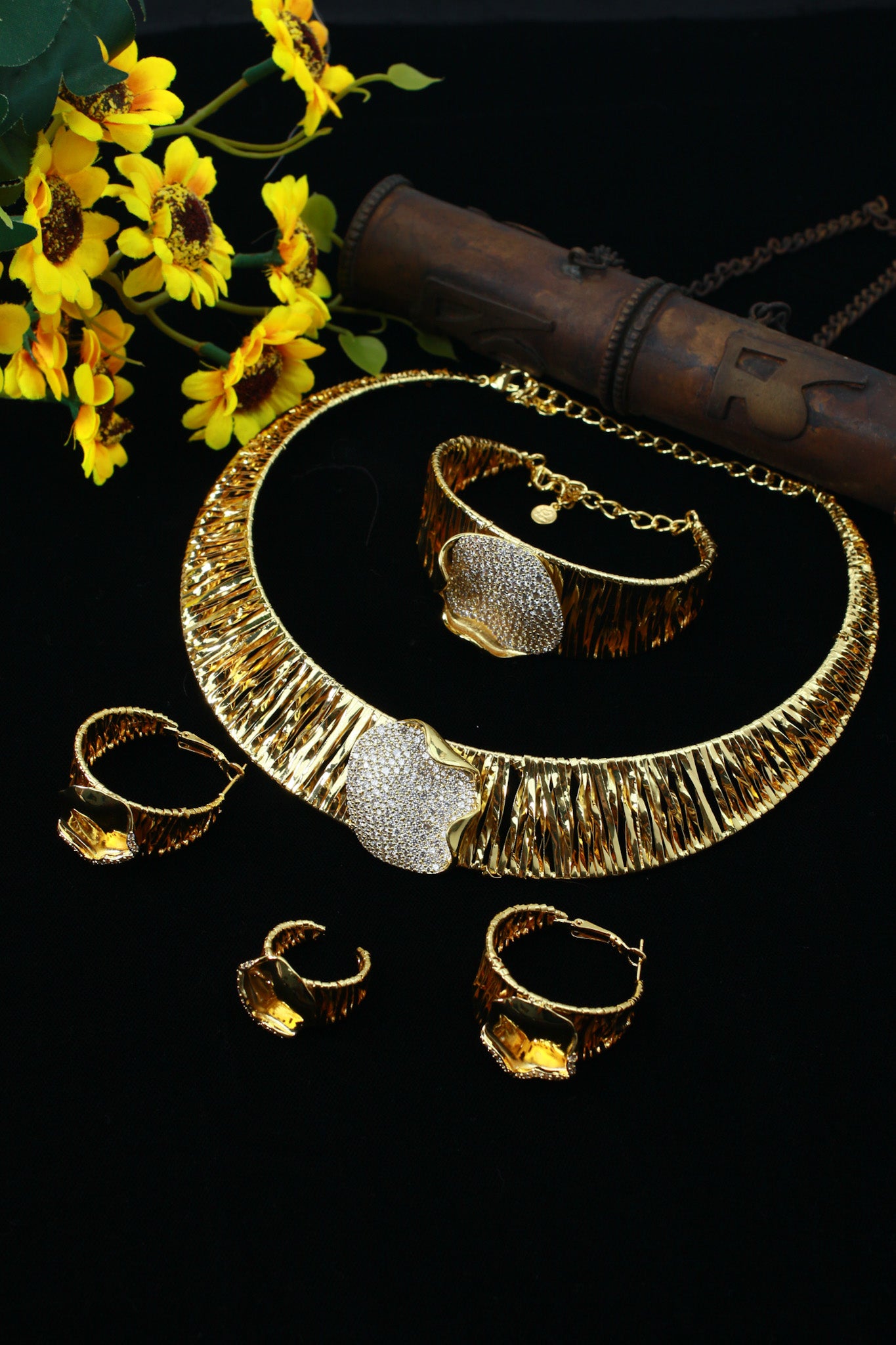 Gold Plated Textured Collar AD Jewellery Set with Pavé Center (Necklace, Earrings, Bracelet, Ring) | Anti‑Tarnish – anti-tarnish necklace set for women India – MaxiBlink