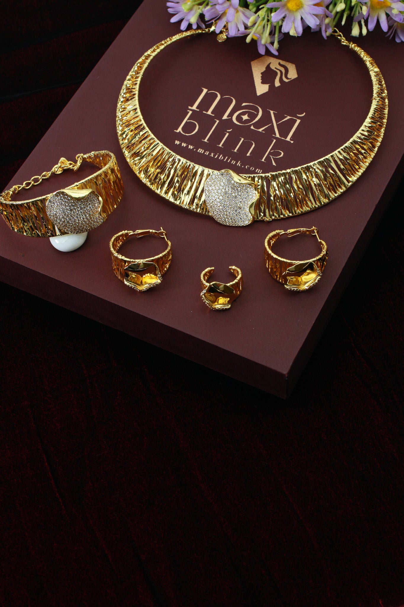 Gold Plated Textured Collar AD Jewellery Set with Pavé Center (Necklace, Earrings, Bracelet, Ring) | Anti‑Tarnish – anti-tarnish necklace set for women India – MaxiBlink