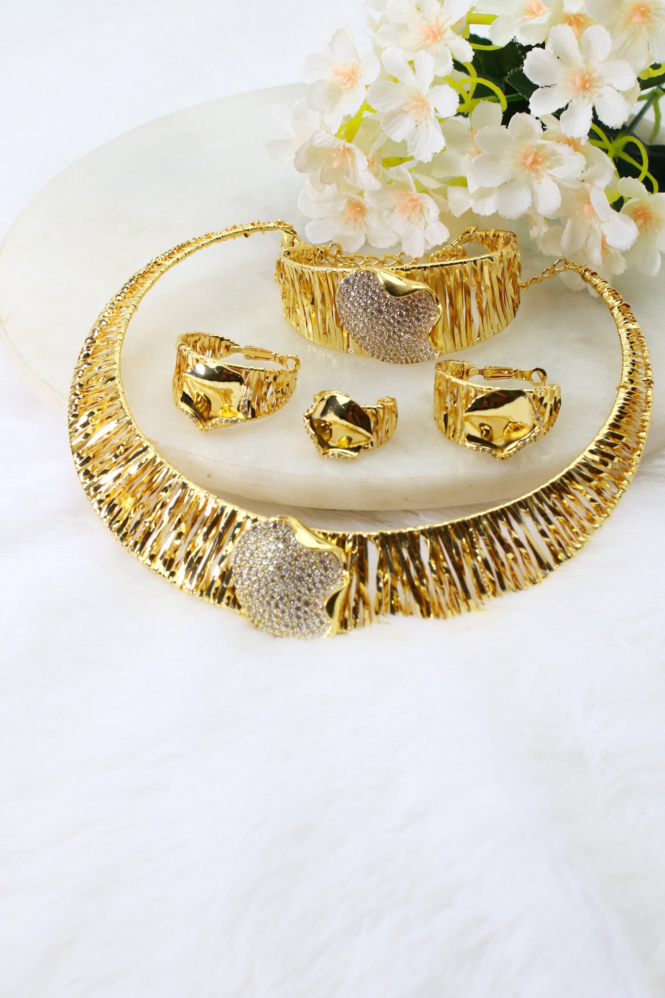 Gold Plated Textured Collar AD Jewellery Set with Pavé Center (Necklace, Earrings, Bracelet, Ring) | Anti‑Tarnish – anti-tarnish necklace set for women India – MaxiBlink