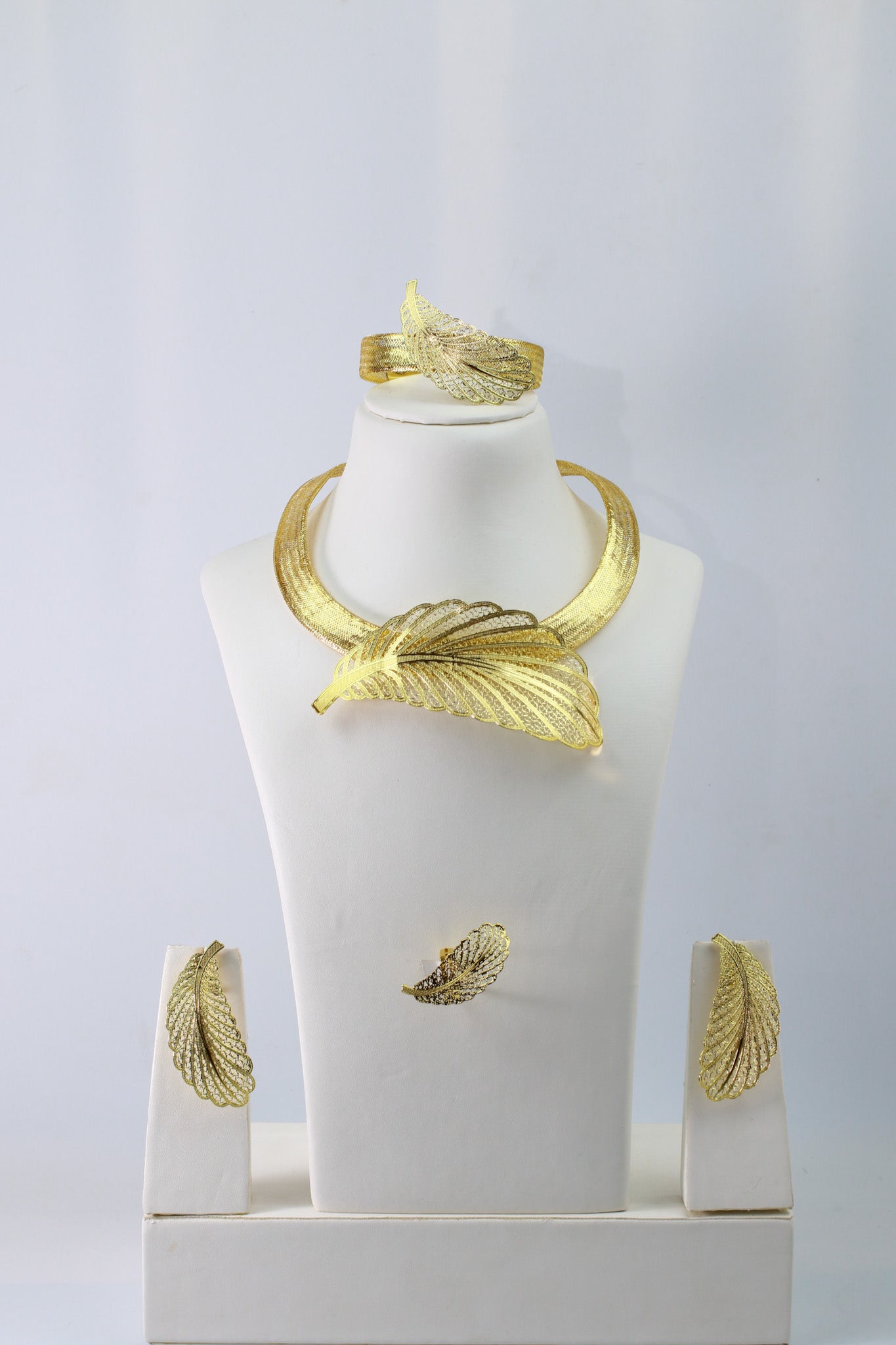 Gold Plated Feather Motif Bridal Jewellery Set with AD Accents (Necklace, Earrings, Bracelet, Ring) | Anti‑Tarnish