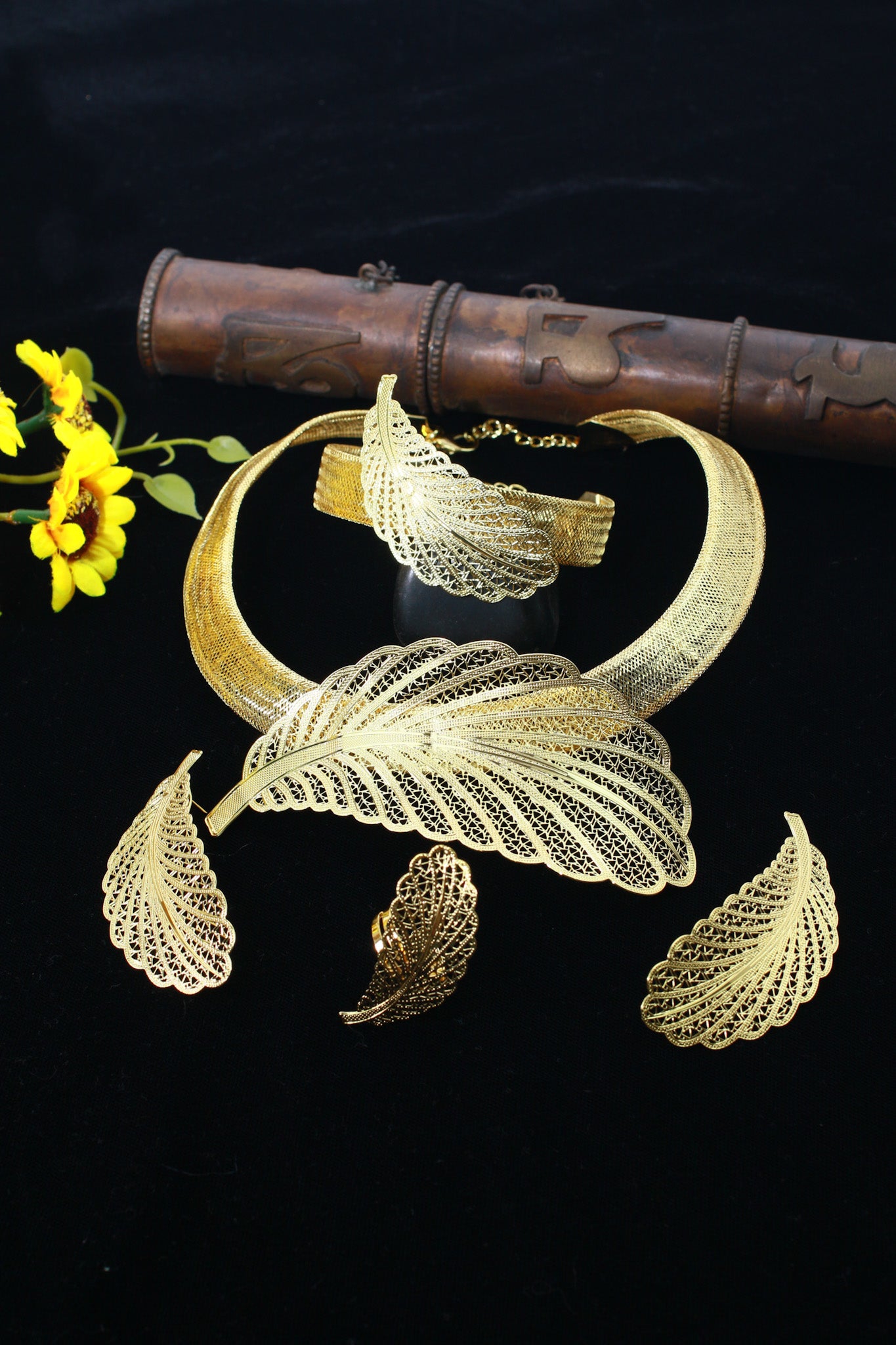 Gold Plated Feather Motif Bridal Jewellery Set with AD Accents (Necklace, Earrings, Bracelet, Ring) | Anti‑Tarnish