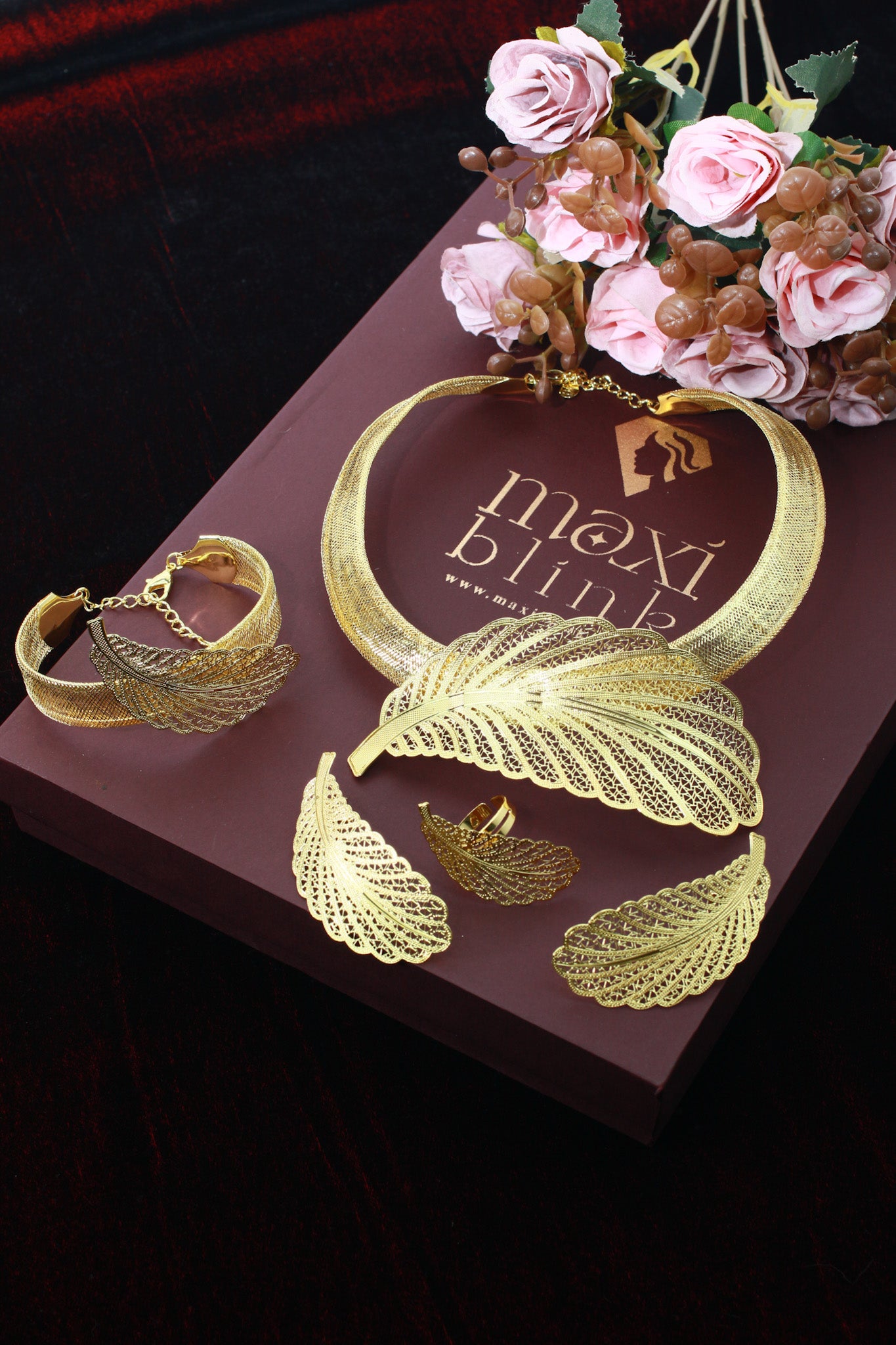 Gold Plated Feather Motif Bridal Jewellery Set with AD Accents (Necklace, Earrings, Bracelet, Ring) | Anti‑Tarnish