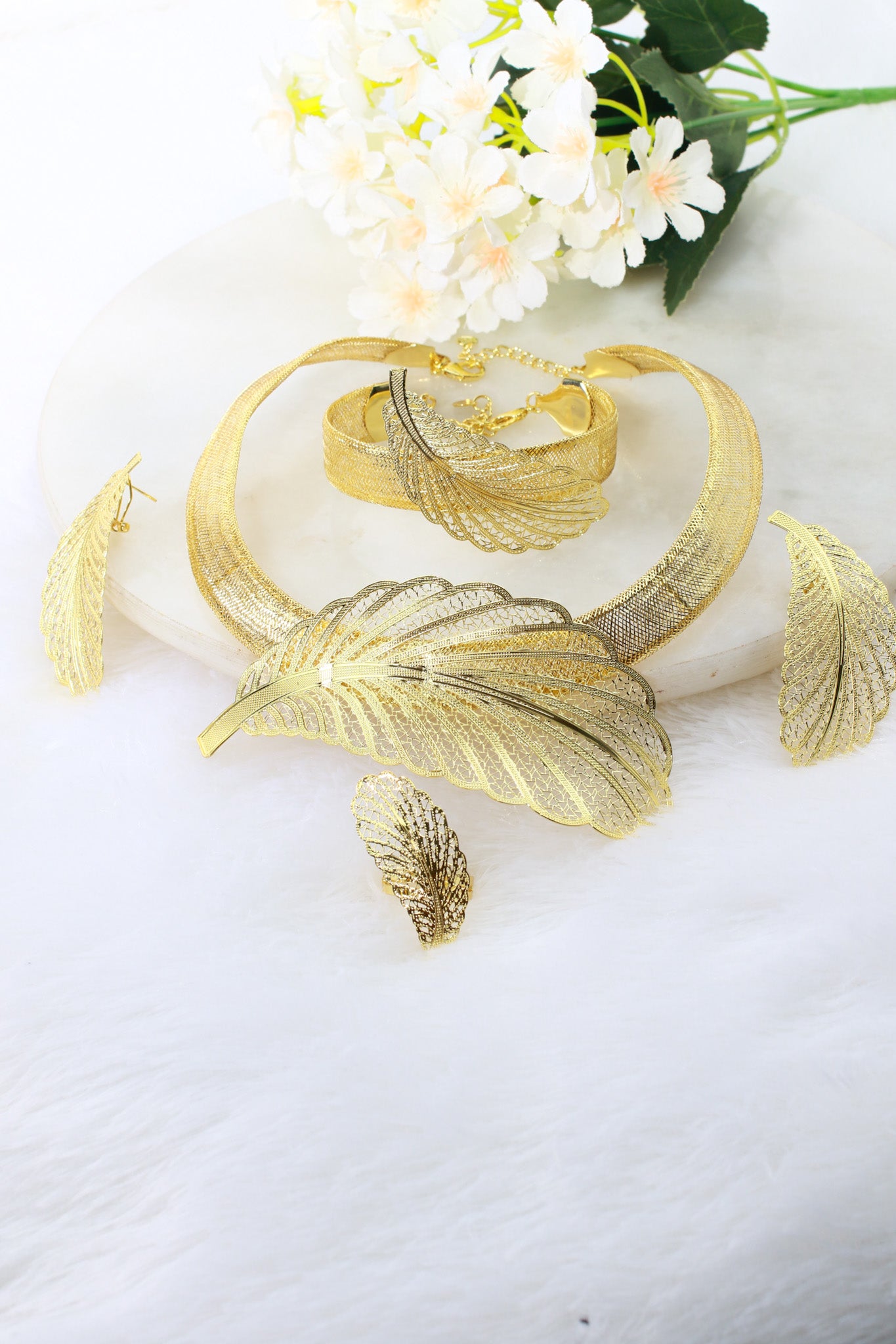 Gold Plated Feather Motif Bridal Jewellery Set with AD Accents (Necklace, Earrings, Bracelet, Ring) | Anti‑Tarnish