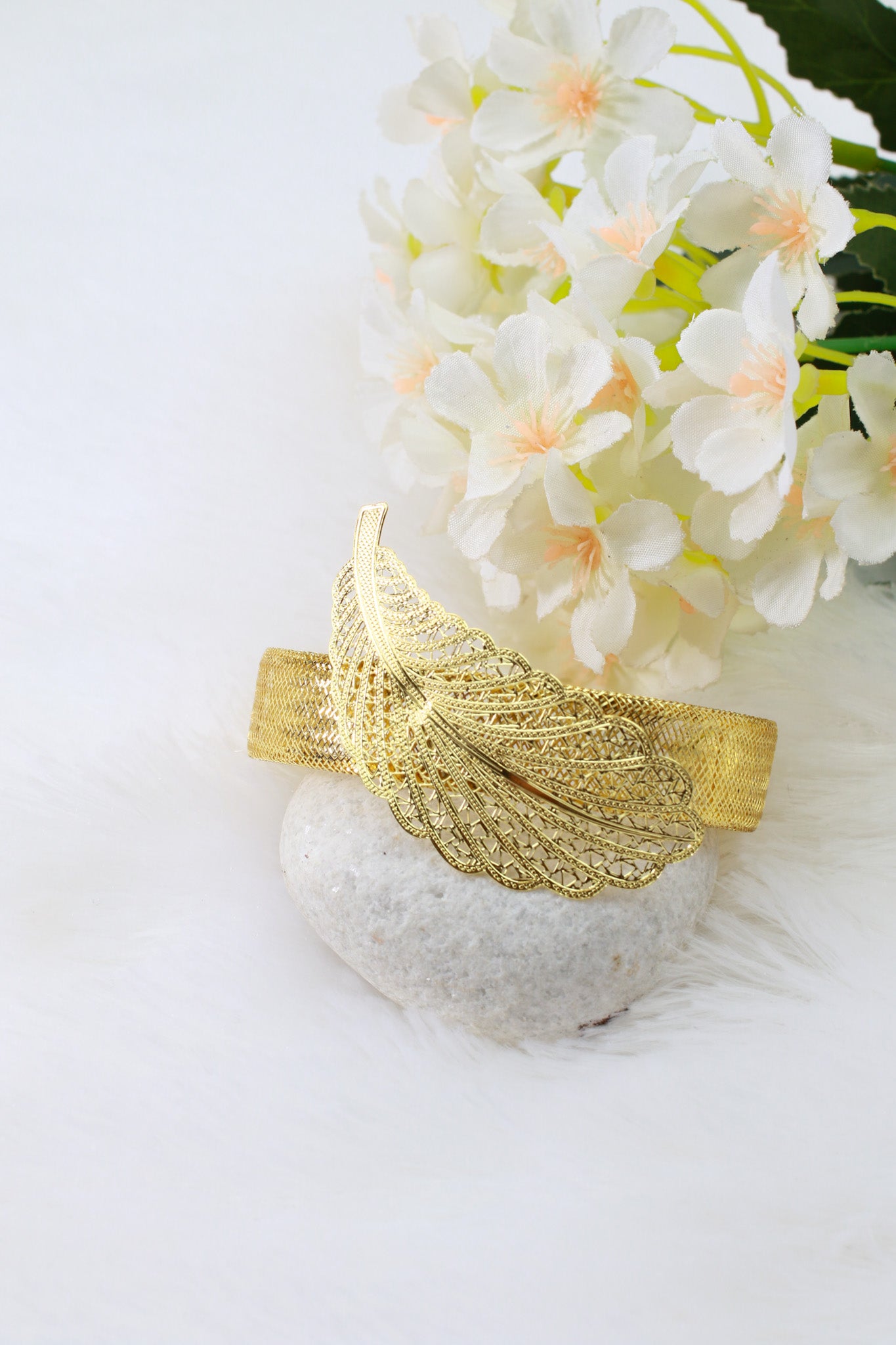 Gold Plated Feather Motif Bridal Jewellery Set with AD Accents (Necklace, Earrings, Bracelet, Ring) | Anti‑Tarnish