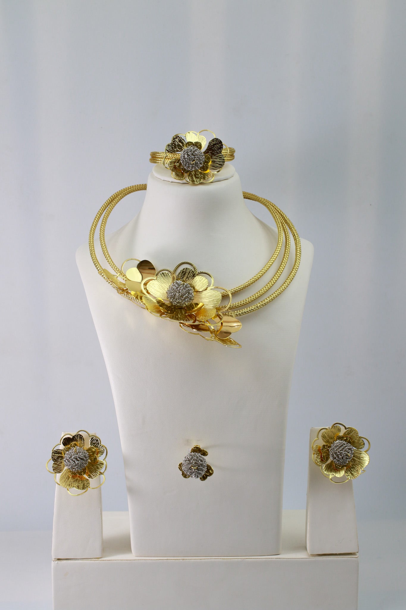 Gold Plated Layered Floral Bridal Jewellery Set with AD Center (Necklace, Earrings, Bracelet, Ring) | Anti‑Tarnish – anti-tarnish necklace set for women India – MaxiBlink