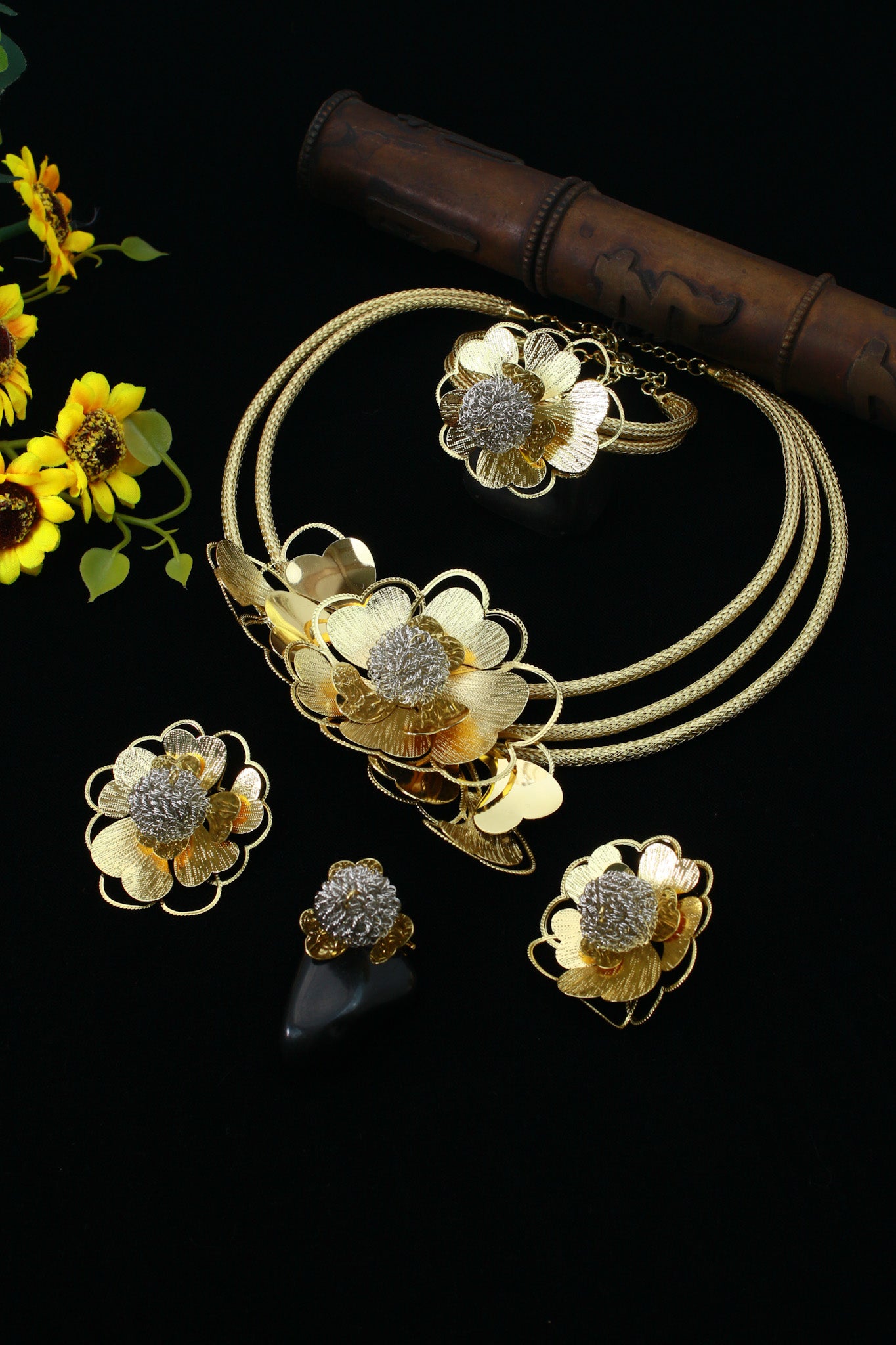 Gold Plated Layered Floral Bridal Jewellery Set with AD Center (Necklace, Earrings, Bracelet, Ring) | Anti‑Tarnish – anti-tarnish necklace set for women India – MaxiBlink