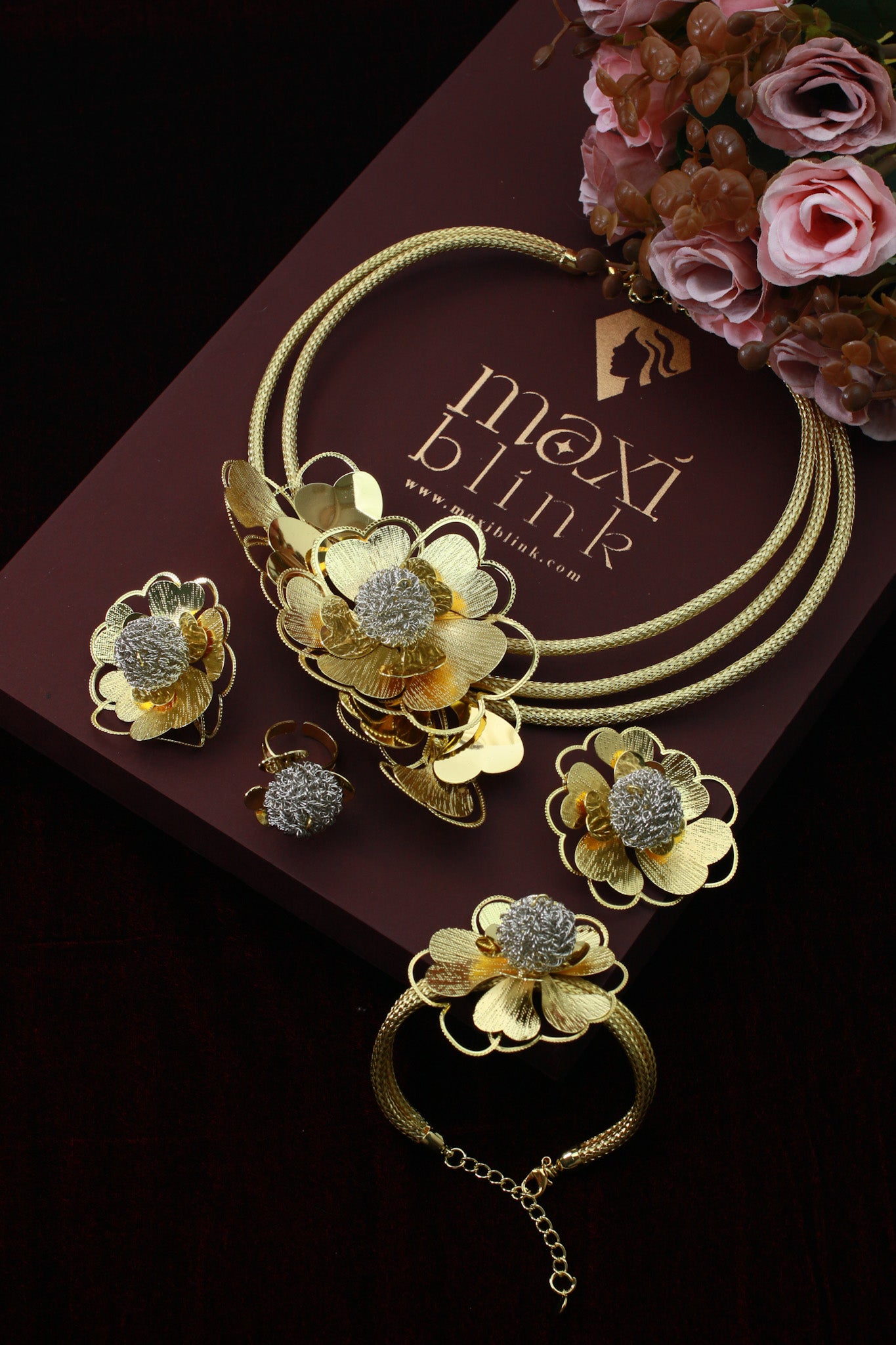 Gold Plated Layered Floral Bridal Jewellery Set with AD Center (Necklace, Earrings, Bracelet, Ring) | Anti‑Tarnish – anti-tarnish necklace set for women India – MaxiBlink