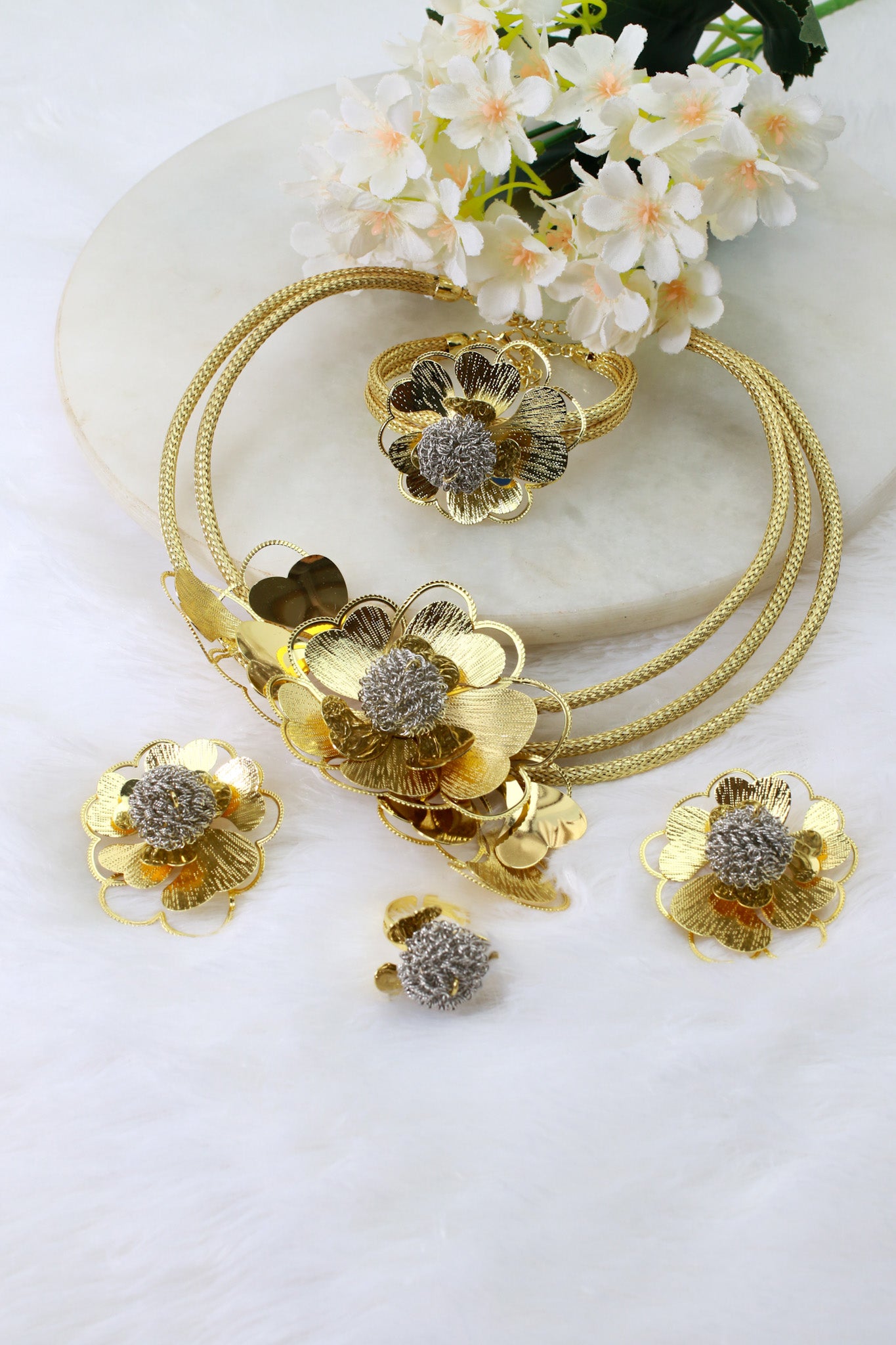 Gold Plated Layered Floral Bridal Jewellery Set with AD Center (Necklace, Earrings, Bracelet, Ring) | Anti‑Tarnish – anti-tarnish necklace set for women India – MaxiBlink