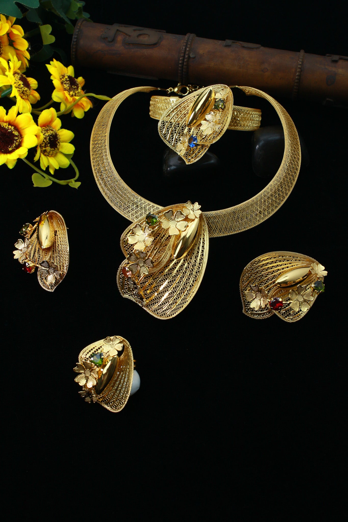 Gold Plated Shell‑Leaf Motif AD Jewellery Set with Coloured Stones (Necklace, Earrings, Ring) | Anti‑Tarnish