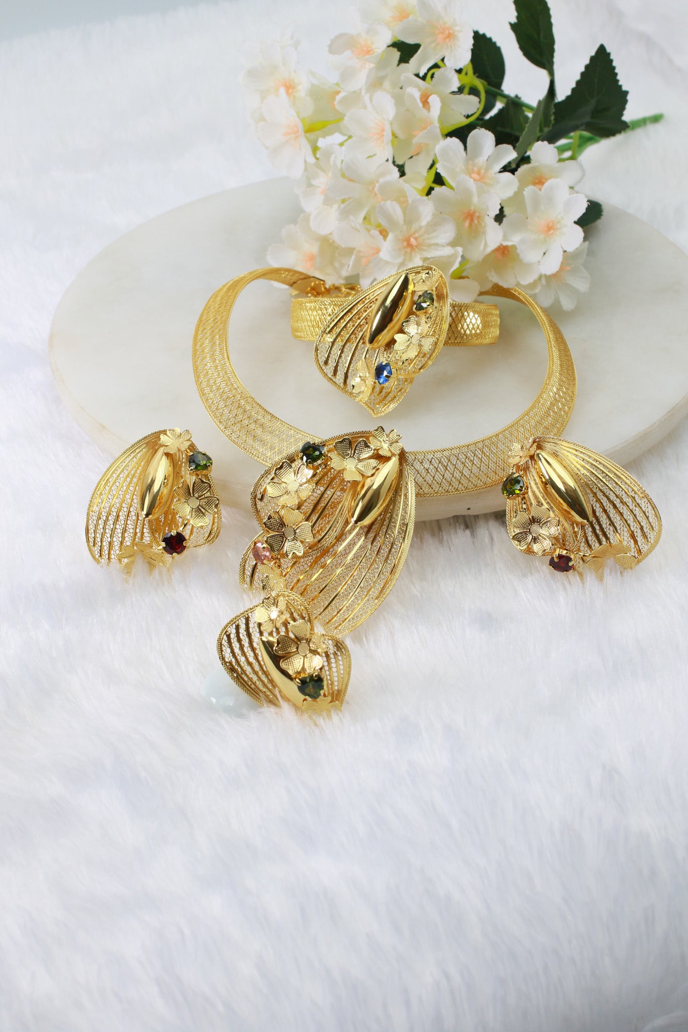 Gold Plated Shell‑Leaf Motif AD Jewellery Set with Coloured Stones (Necklace, Earrings, Ring) | Anti‑Tarnish