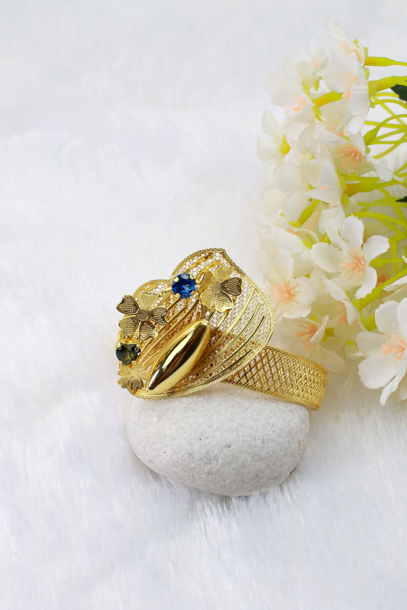 Gold Plated Shell‑Leaf Motif AD Jewellery Set with Coloured Stones (Necklace, Earrings, Ring) | Anti‑Tarnish