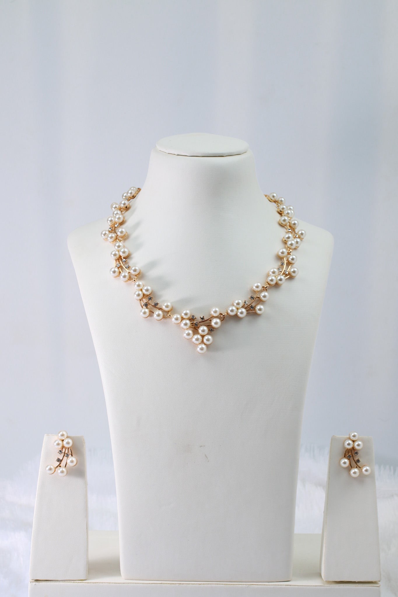 Gold Plated Pearl Cluster Necklace Set with Branch Motif & Matching Earrings | Anti‑Tarnish Artificial Jewellery
