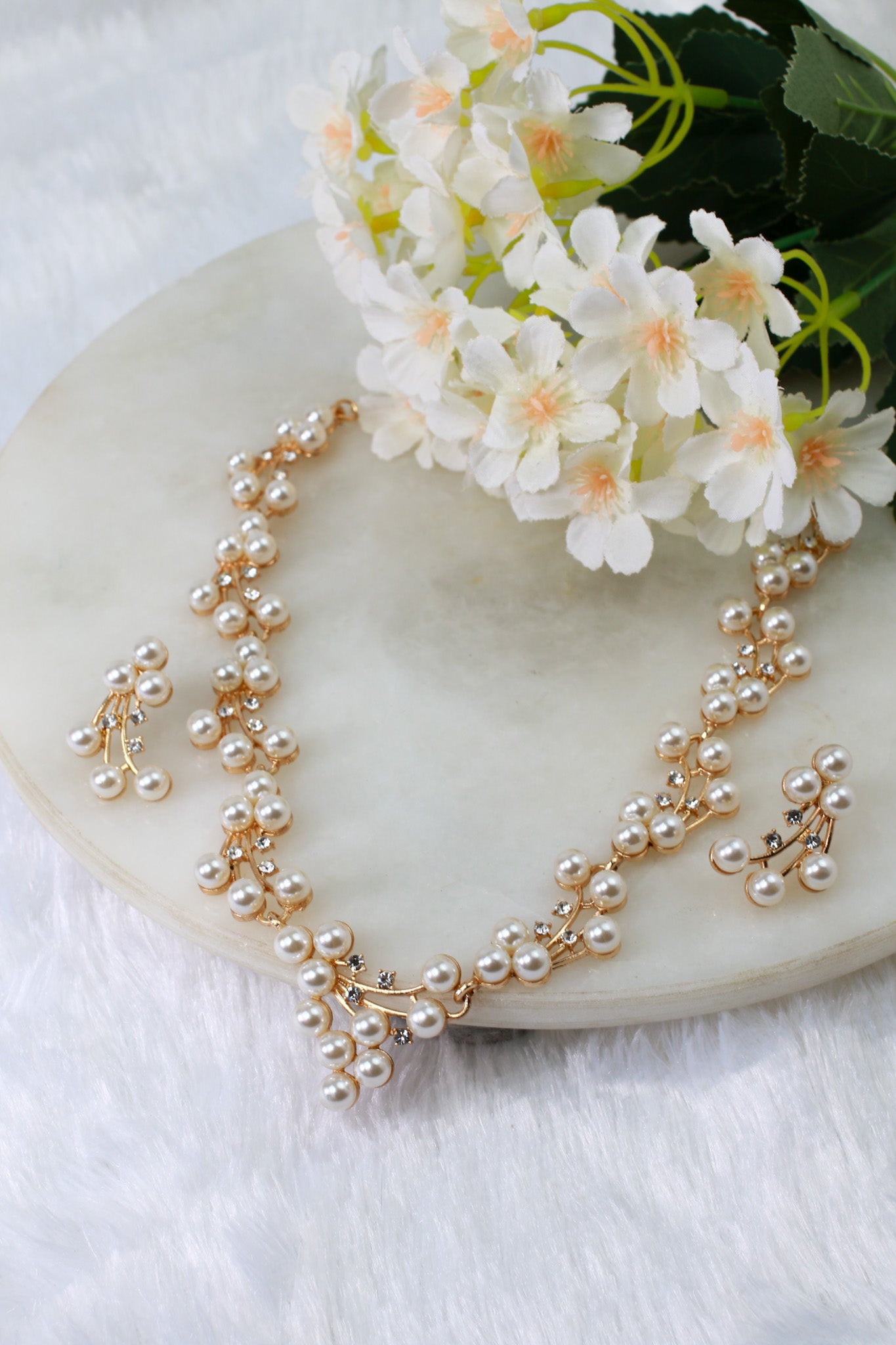 Gold Plated Pearl Cluster Necklace Set with Branch Motif & Matching Earrings | Anti‑Tarnish Artificial Jewellery