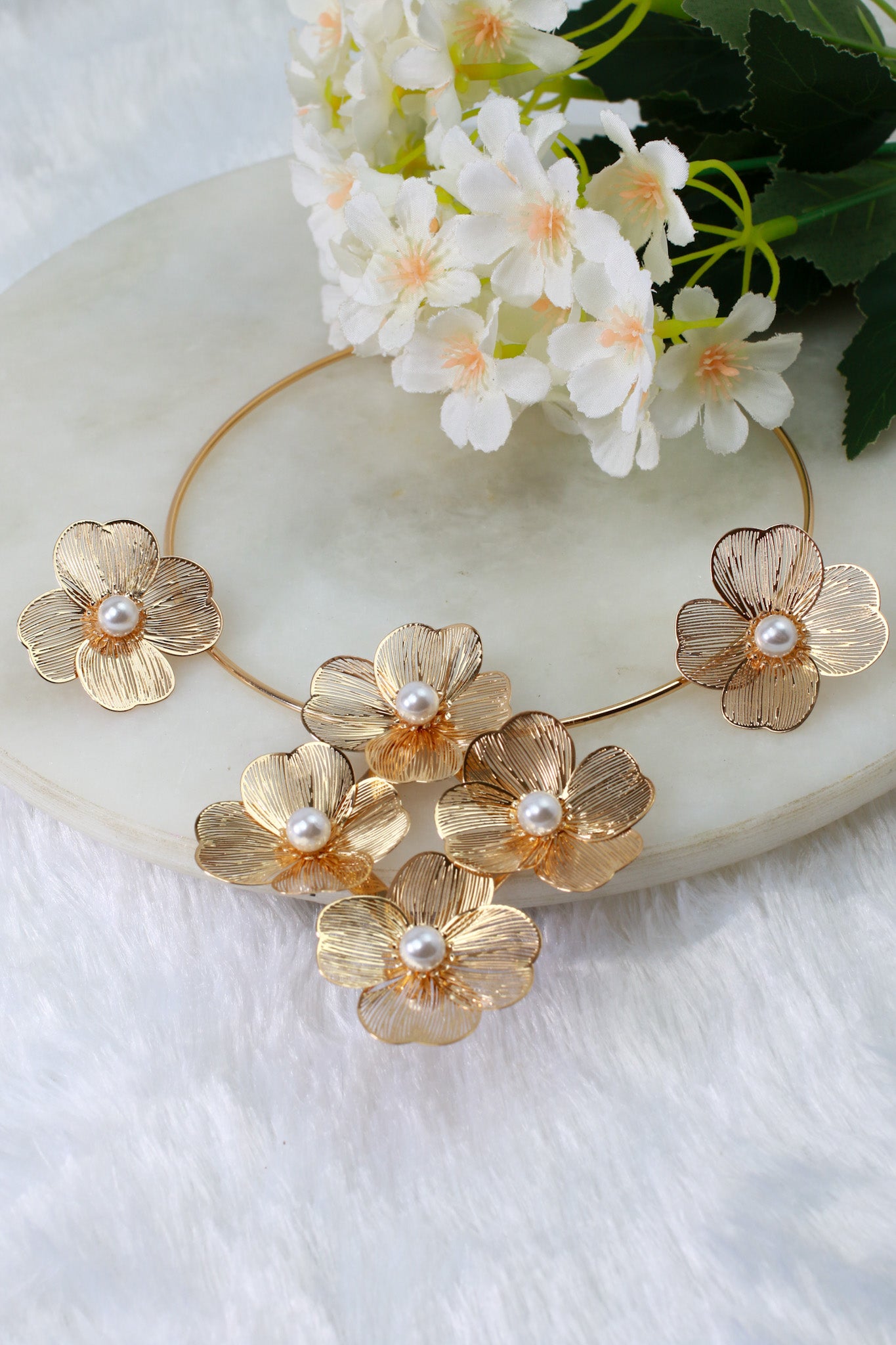 Gold Plated Hansli Necklace Set – Floral Cluster with Pearl Centers & Matching Flower Earrings | Anti‑Tarnish