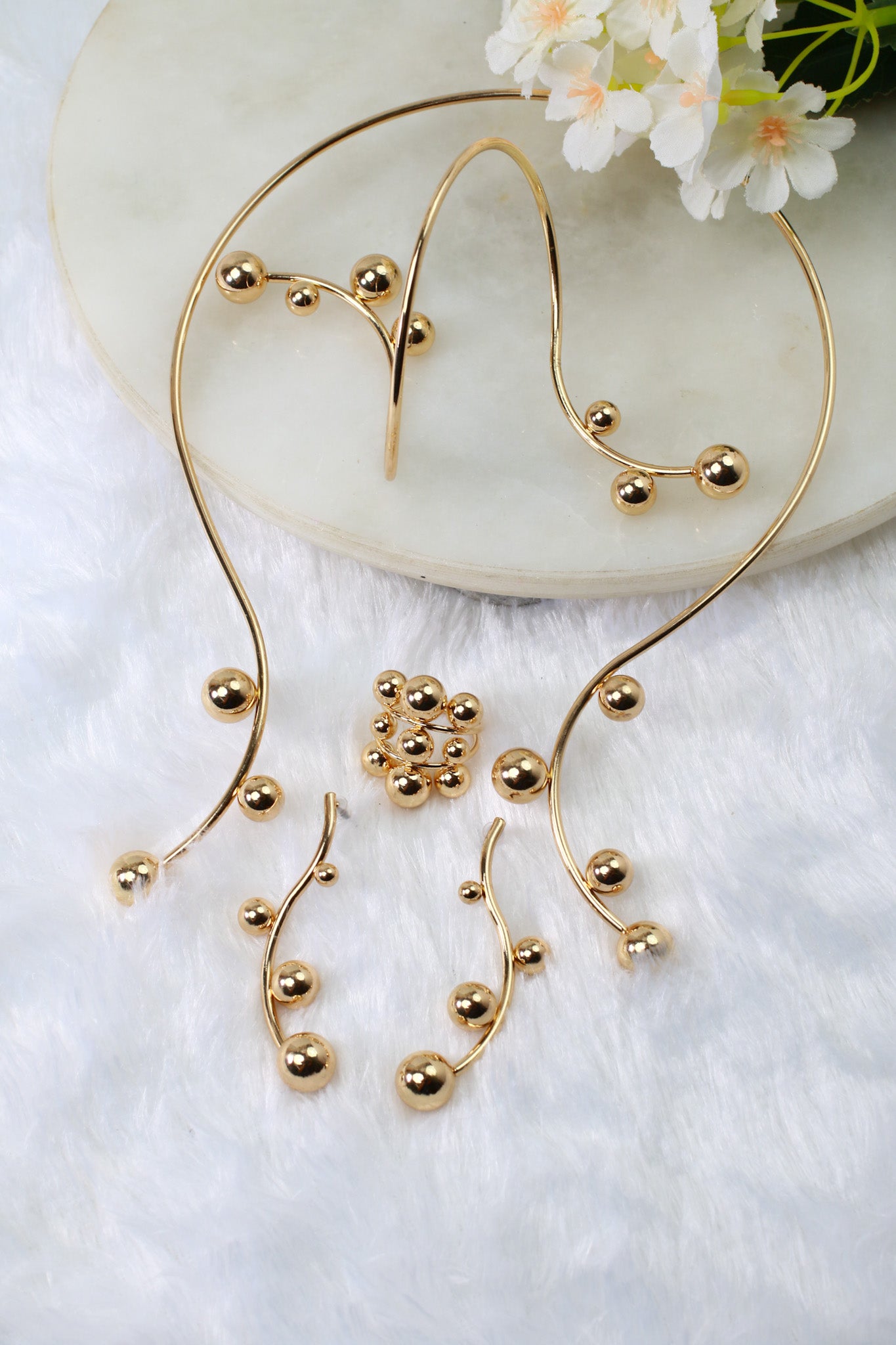 Gold Plated Modern Orb Bead Jewellery Set (Necklace, Earrings, Bracelet) | Sculptural Statement | Anti‑Tarnish – anti-tarnish necklace set for women India – MaxiBlink