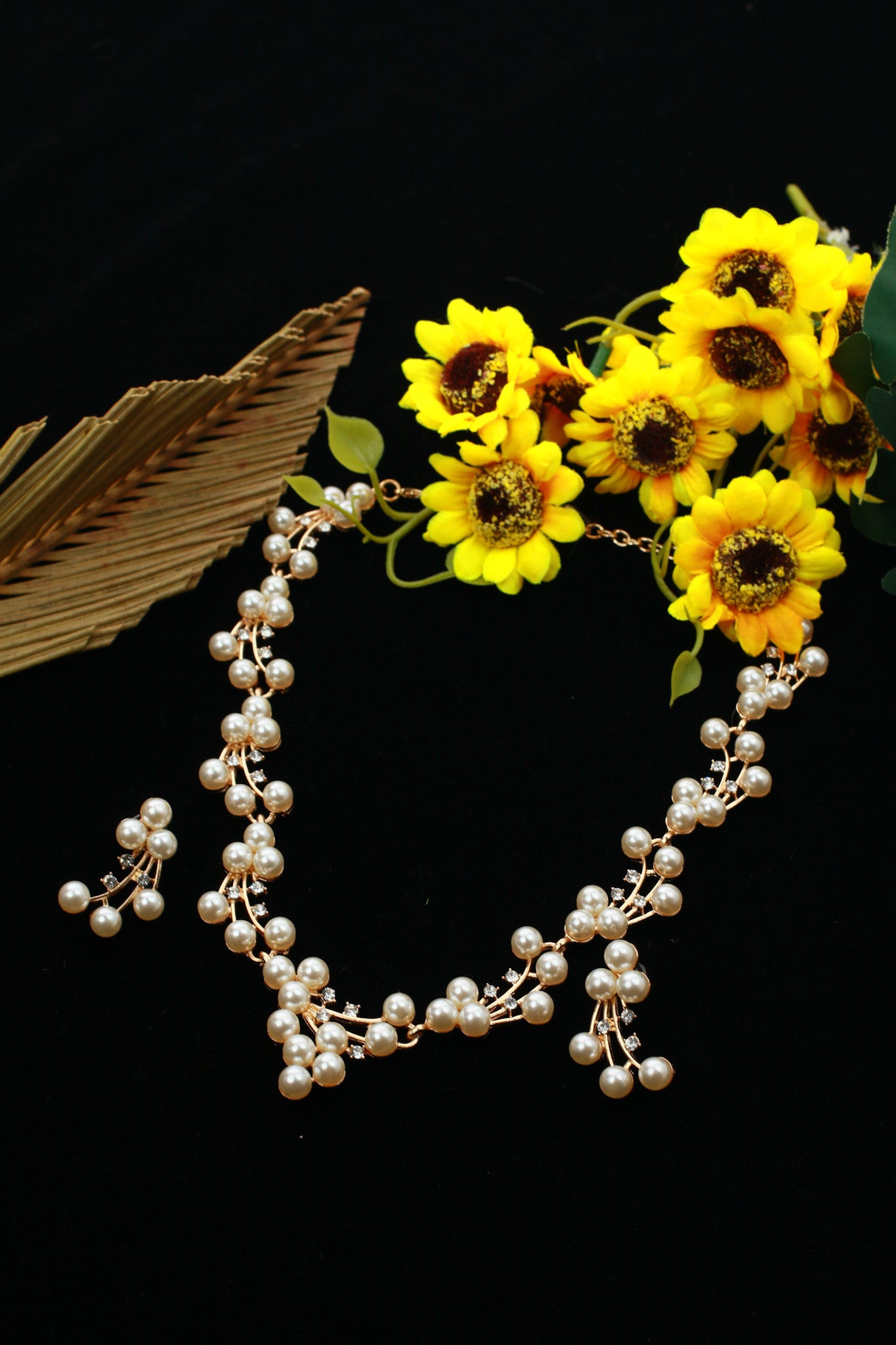 Gold Plated Pearl Cluster Necklace Set with Branch Motif & Matching Earrings | Anti‑Tarnish Artificial Jewellery