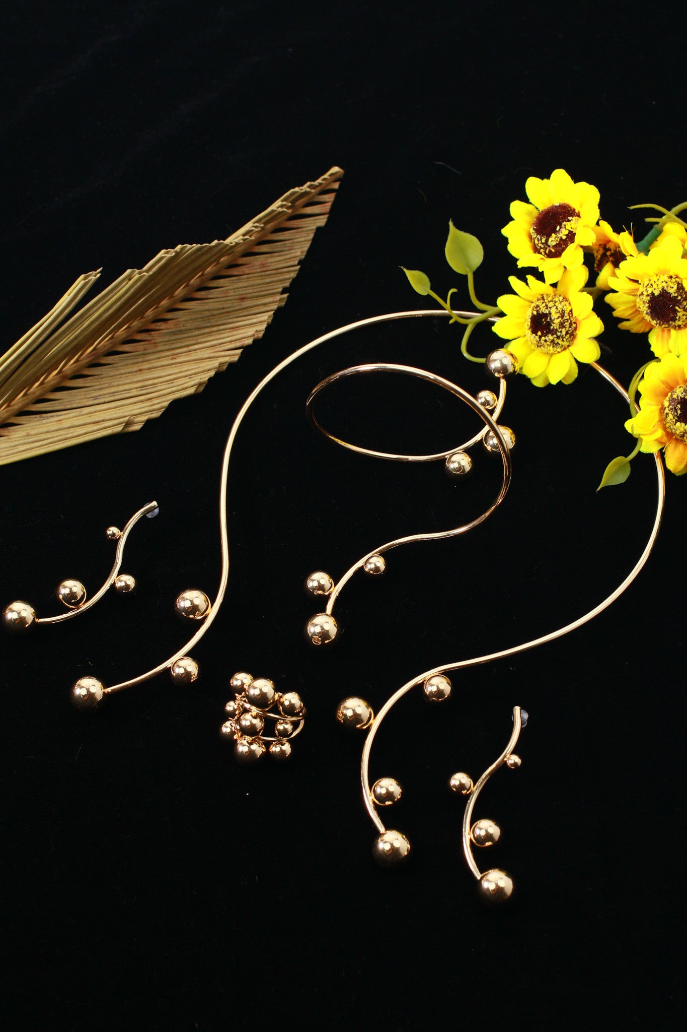 Gold Plated Modern Orb Bead Jewellery Set (Necklace, Earrings, Bracelet) | Sculptural Statement | Anti‑Tarnish – anti-tarnish necklace set for women India – MaxiBlink