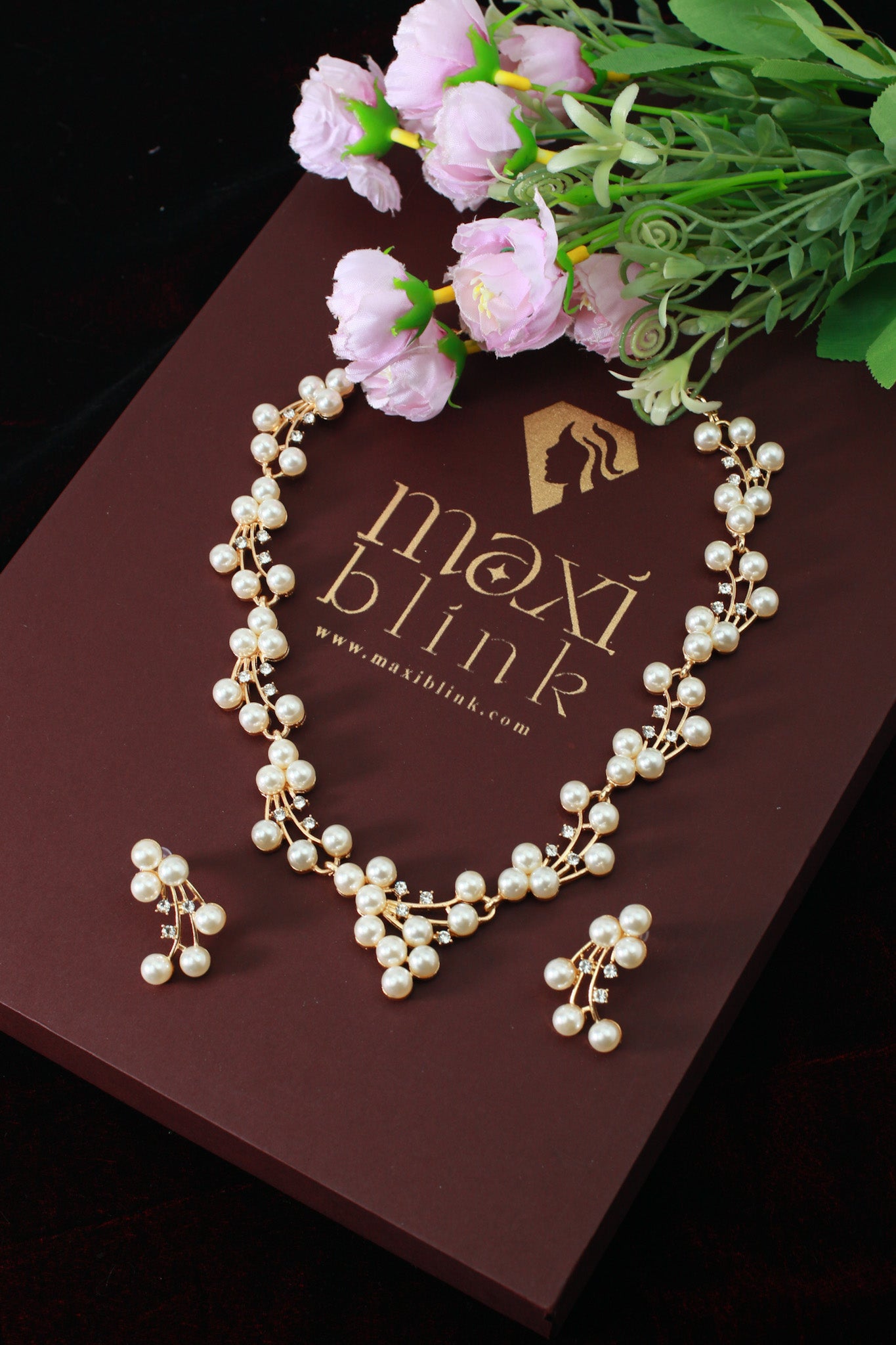 Gold Plated Pearl Cluster Necklace Set with Branch Motif & Matching Earrings | Anti‑Tarnish Artificial Jewellery