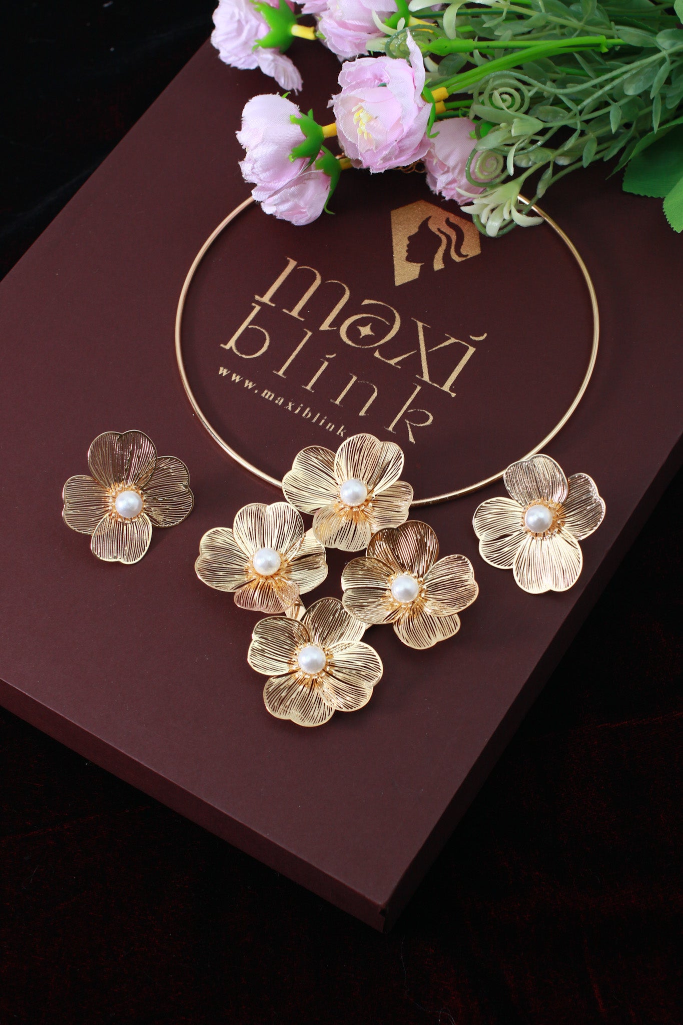 Gold Plated Hansli Necklace Set – Floral Cluster with Pearl Centers & Matching Flower Earrings | Anti‑Tarnish