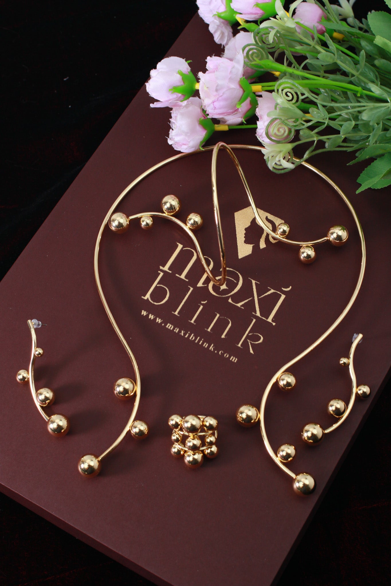 Gold Plated Modern Orb Bead Jewellery Set (Necklace, Earrings, Bracelet) | Sculptural Statement | Anti‑Tarnish – anti-tarnish necklace set for women India – MaxiBlink