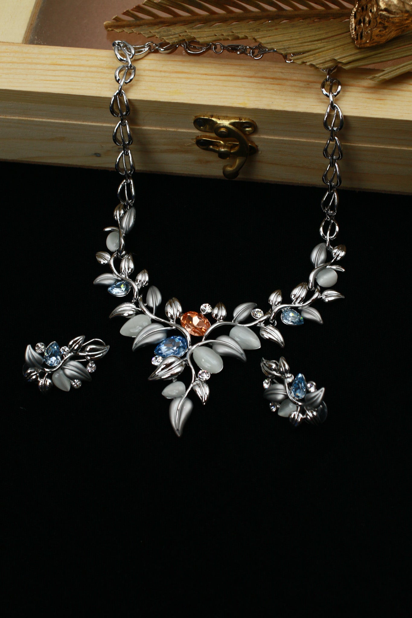 Rhodium Plated Leaf Motif AD Stone Necklace Set with Blue Accents | Silver Finish | Anti‑Tarnish