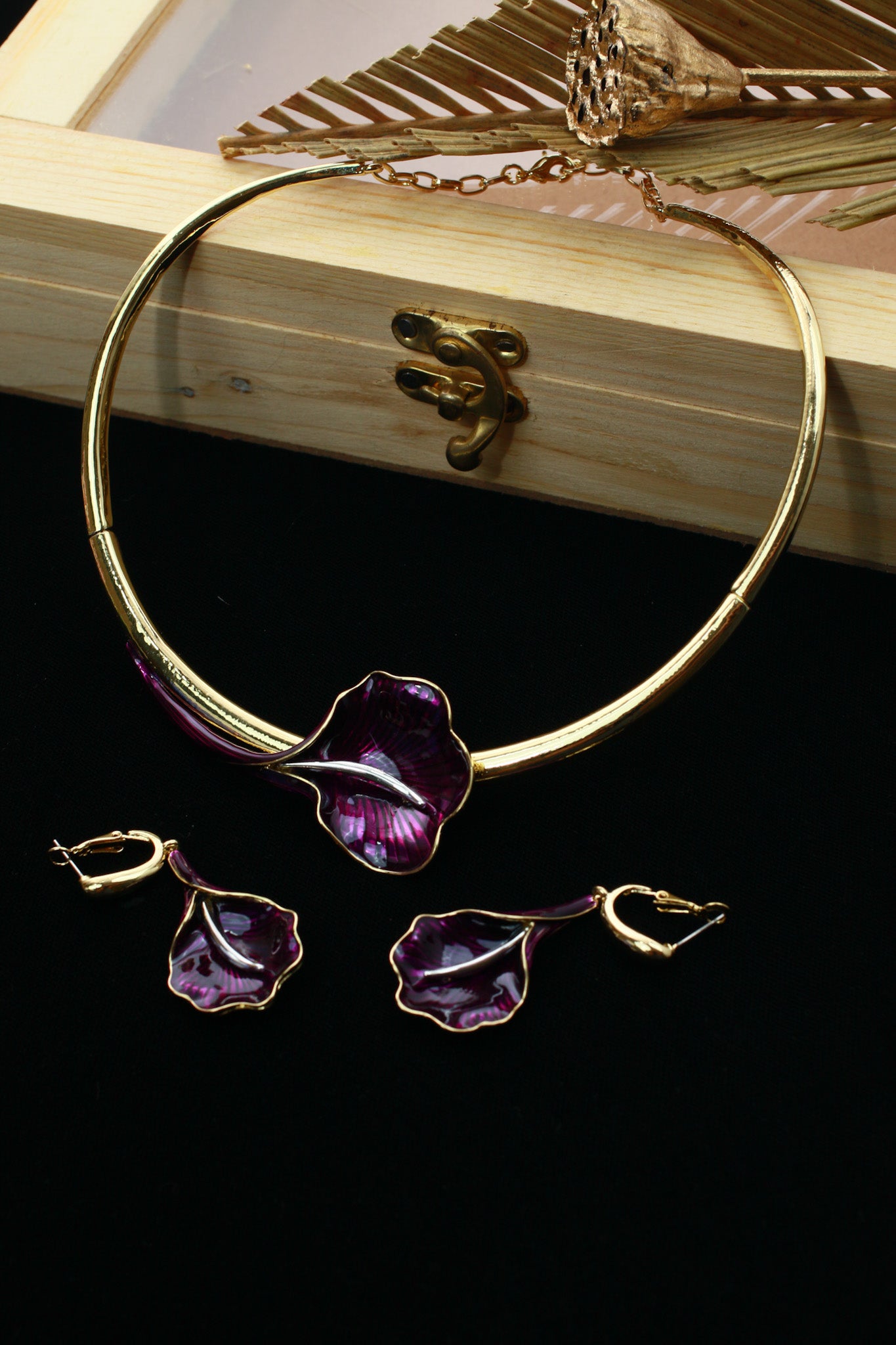Gold Plated Calla Lily Enamel Collar Necklace Set | Purple Floral | Anti‑Tarnish