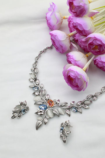 Rhodium Plated Leaf Motif AD Stone Necklace Set with Blue Accents | Silver Finish | Anti‑Tarnish