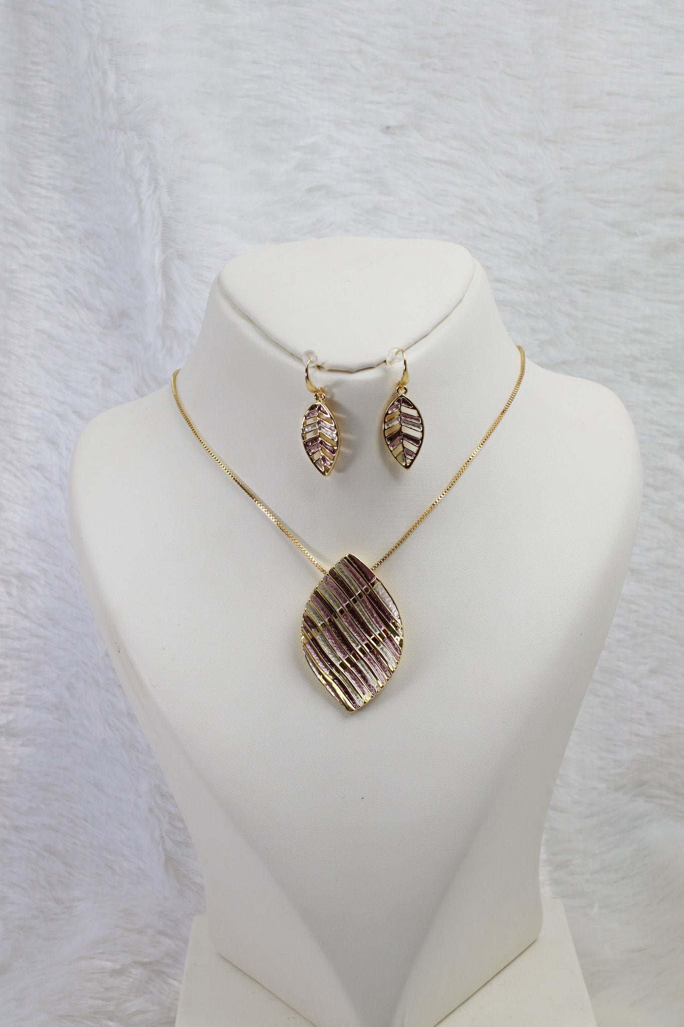 Leaf Enamel Pendant Set - Gold Plated Leaf Design | Pink & Beige Enamel Finish | Anti Tarnish