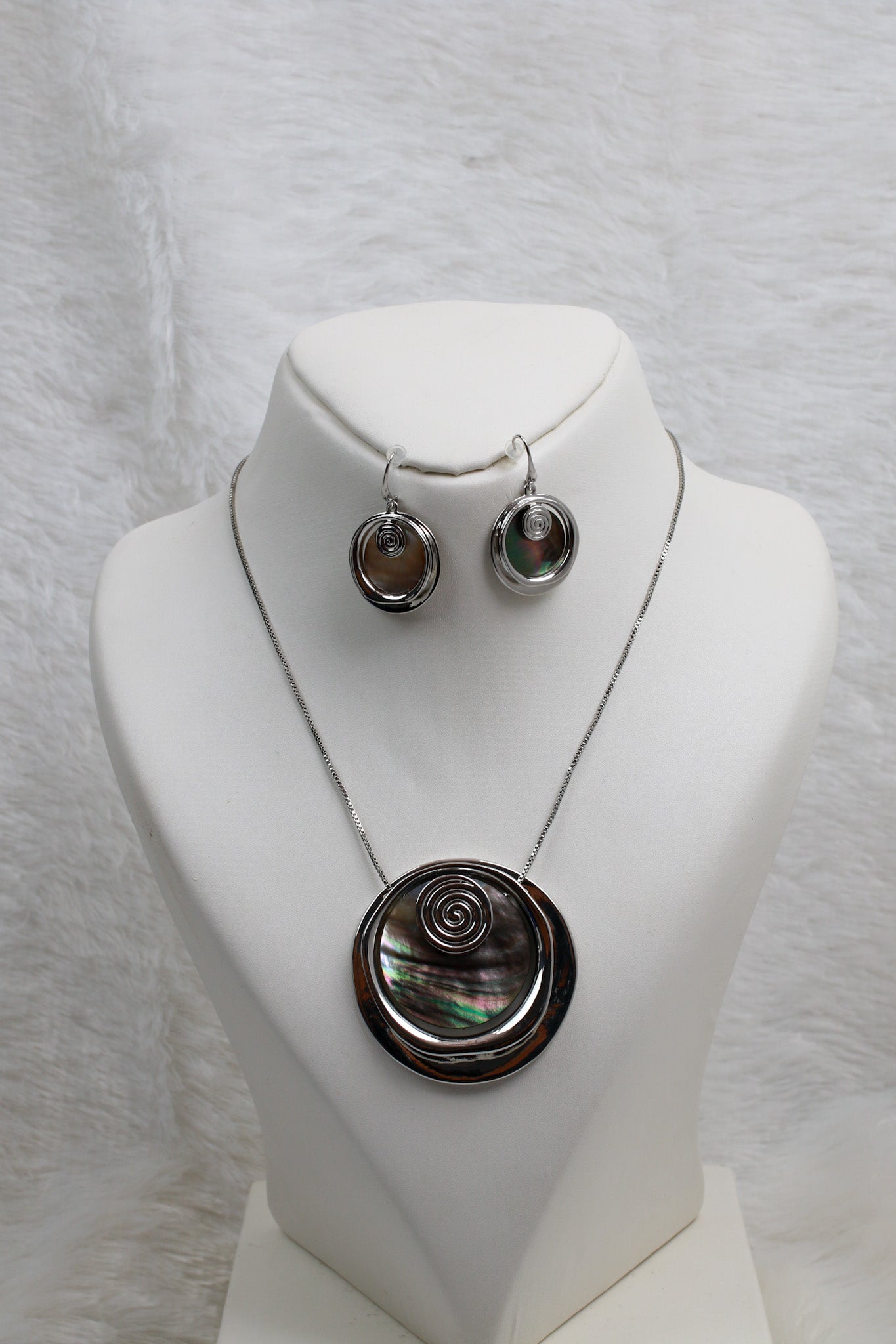 Spiral Abalone Pendant Set - Silver Finish Statement Necklace & Earrings | Anti Tarnish