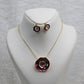 Layered Rose Circle Pendant Set - Red & Grey Enamel Luxury Necklace & Earrings
