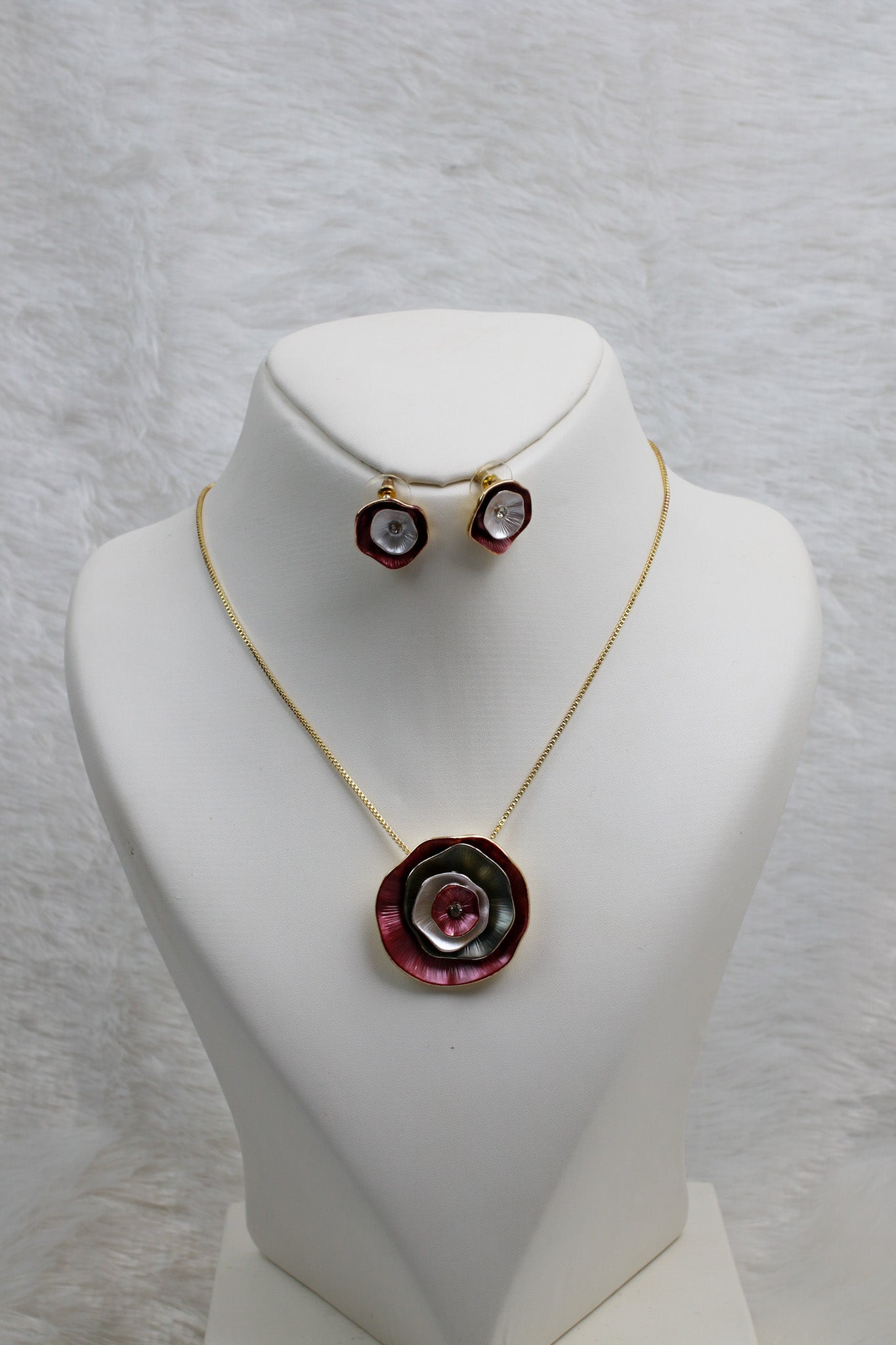Layered Rose Circle Pendant Set - Red & Grey Enamel Luxury Necklace & Earrings