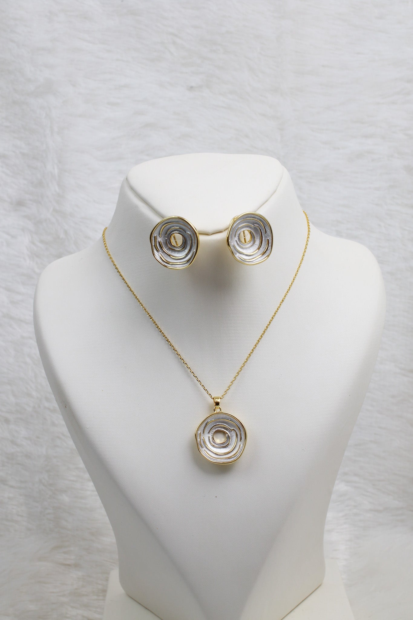 Spiral Silver Enamel Pendant Set - Minimal Luxury Necklace & Studs | Anti Tarnish Finish
