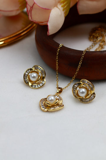 Classic Pearl Halo Pendant Set - Gold Plated with Crystals | Elegant Anti Tarnish Jewelry