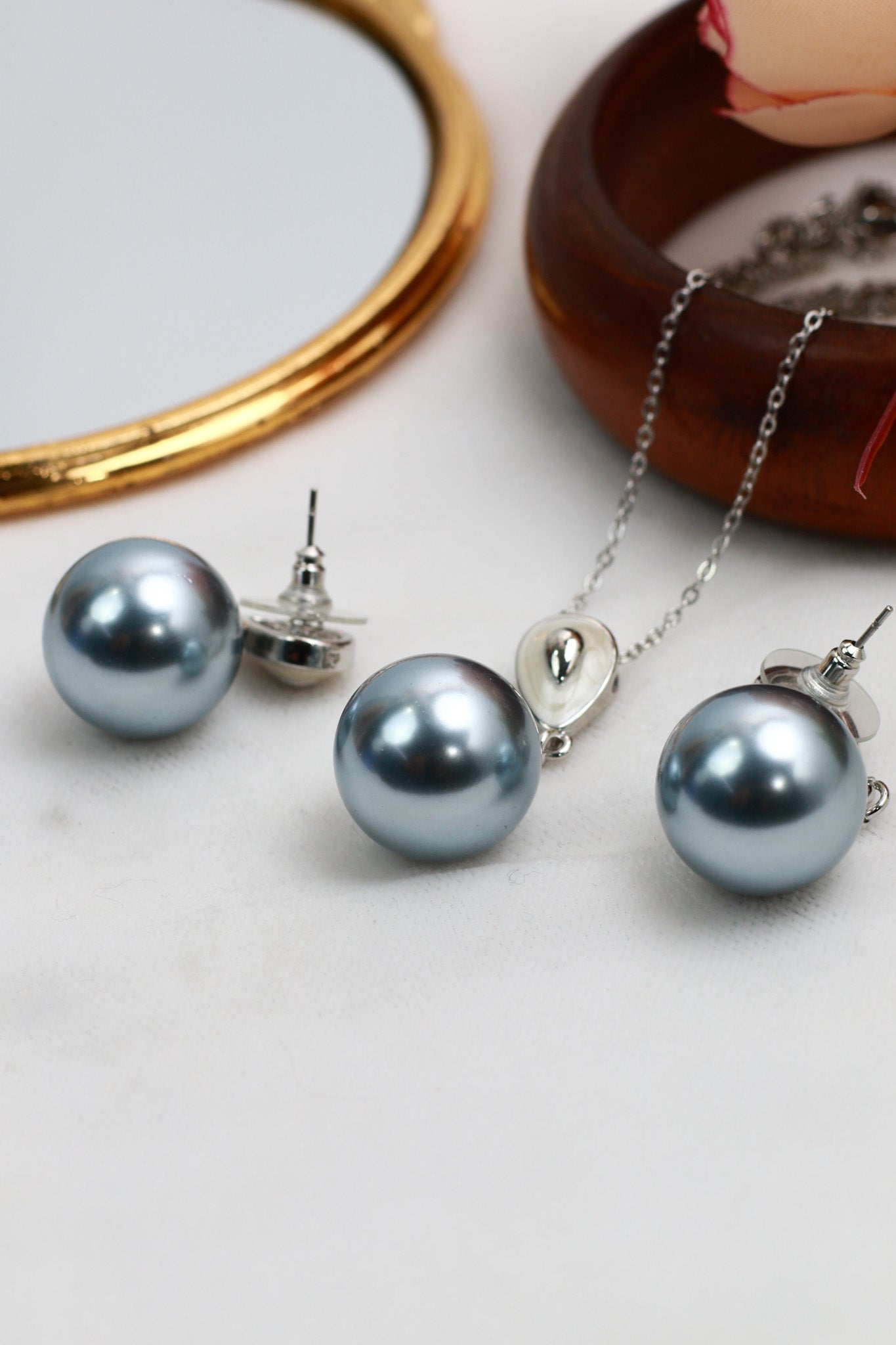 Silver Pearl Pendant Set - Elegant Blue Grey Pearl Jewelry | Luxury Anti Tarnish Coating