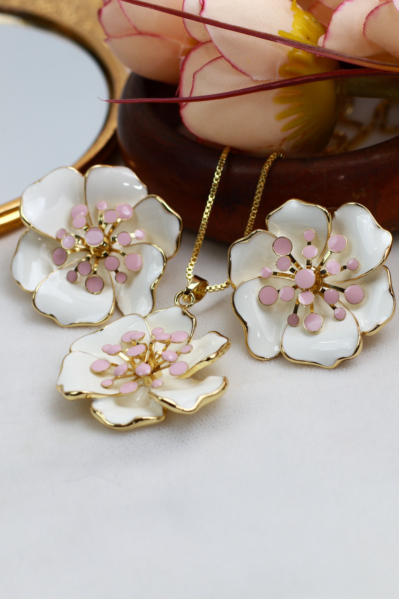 Petal Flower Pendant Set - White & Pink Enamel Luxury Necklace & Earrings | Anti Tarnish
