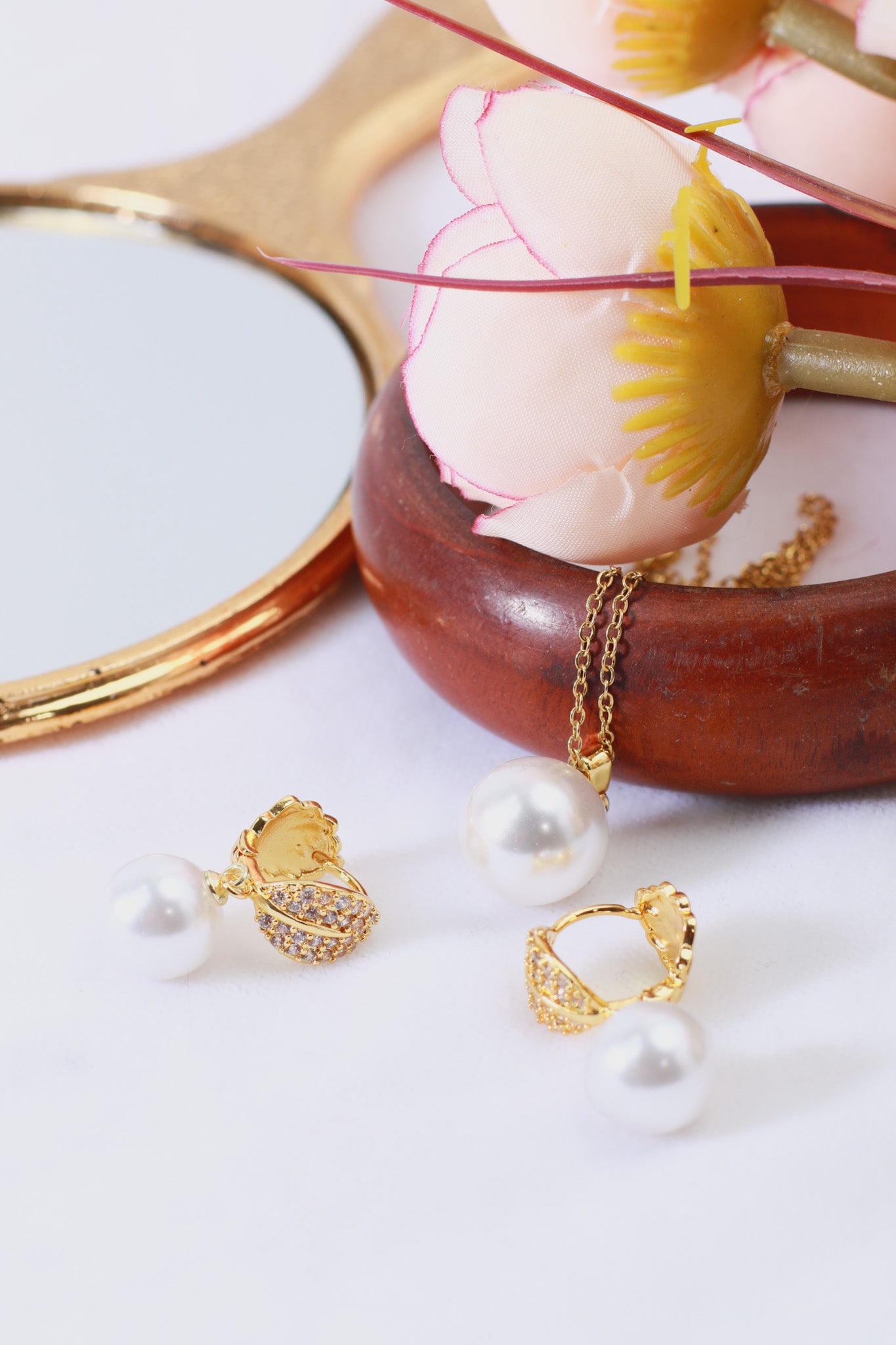 Single Pearl Drop Pendant Set - Minimalist Gold Plated Necklace & Earrings | Anti Tarnish