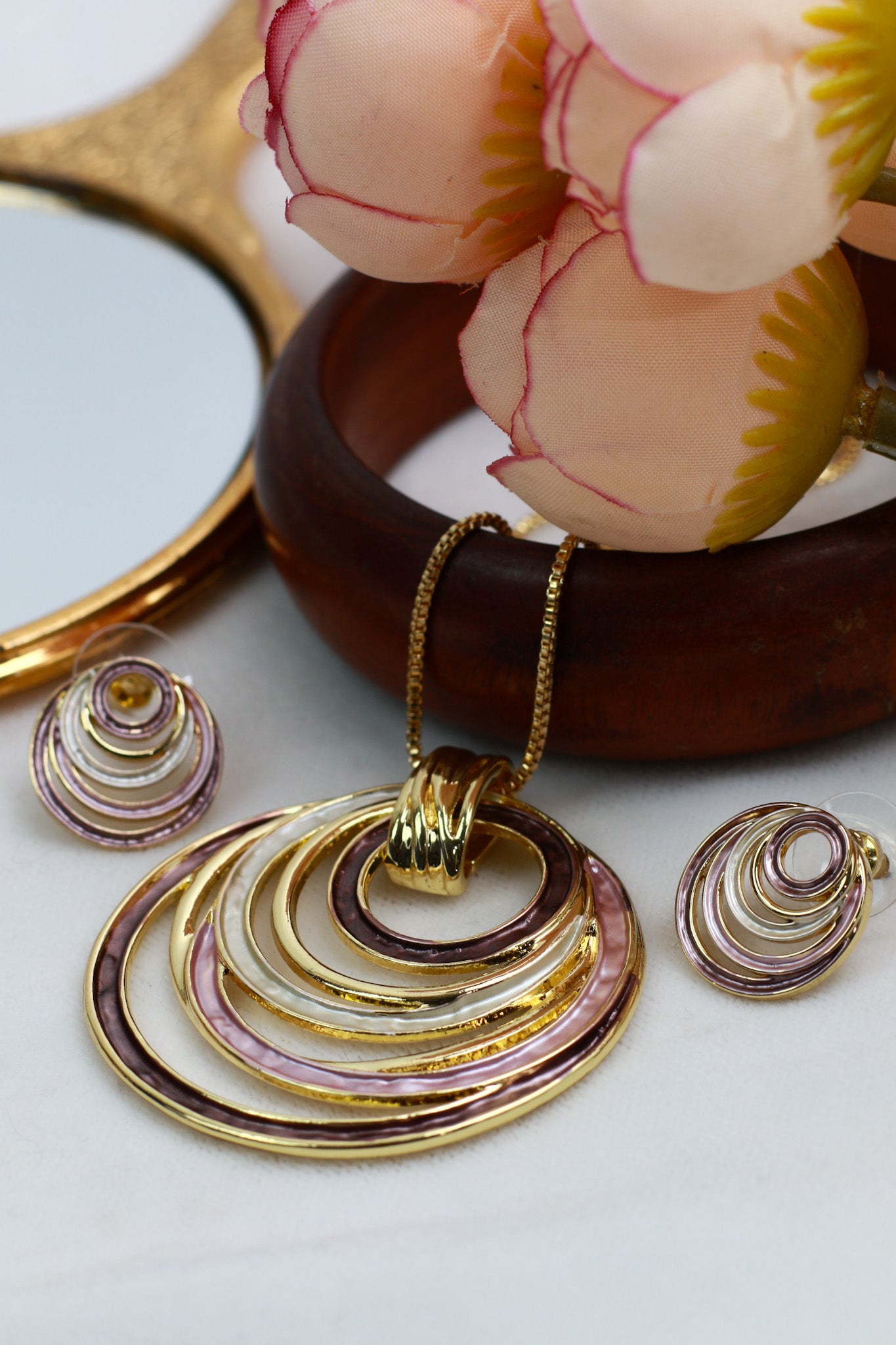 Layered Circle Pendant Set - Gold Plated Multi Ring Necklace & Earrings | Anti Tarnish Coating