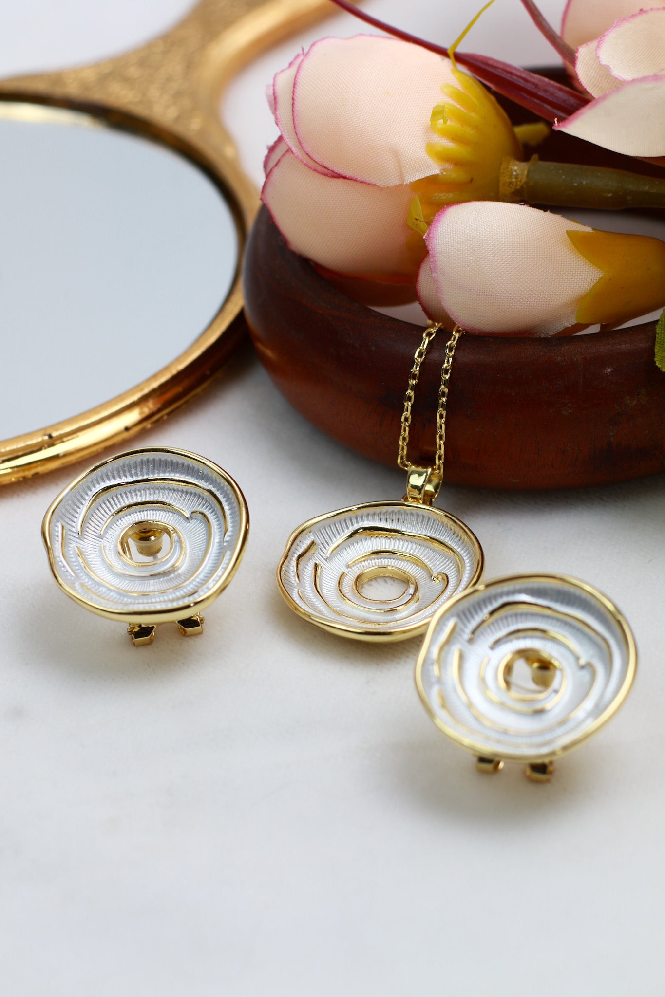 Spiral Silver Enamel Pendant Set - Minimal Luxury Necklace & Studs | Anti Tarnish Finish