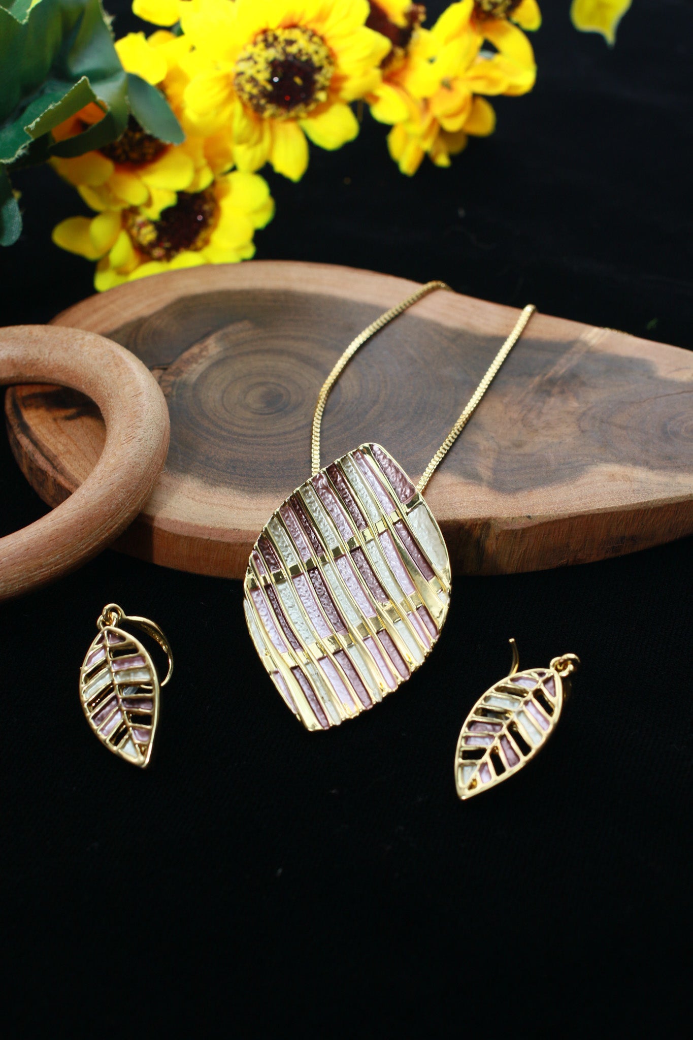 Leaf Enamel Pendant Set - Gold Plated Leaf Design | Pink & Beige Enamel Finish | Anti Tarnish