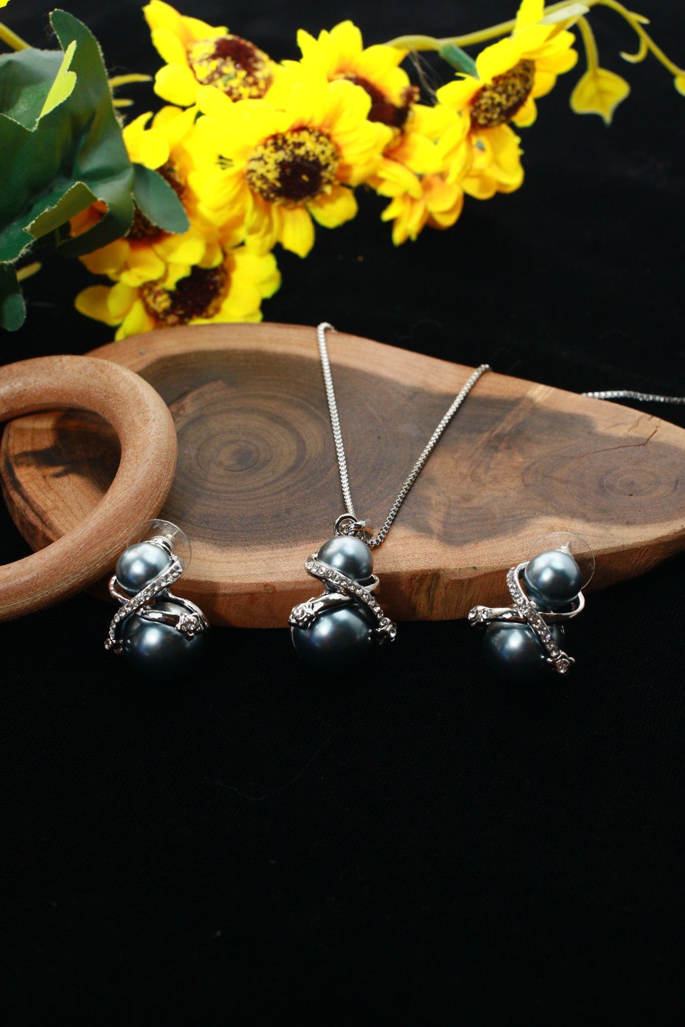 Dual Pearl Pendant Set - Silver Plated Blue Pearl Necklace & Earrings | Long Lasting Anti Tarnish