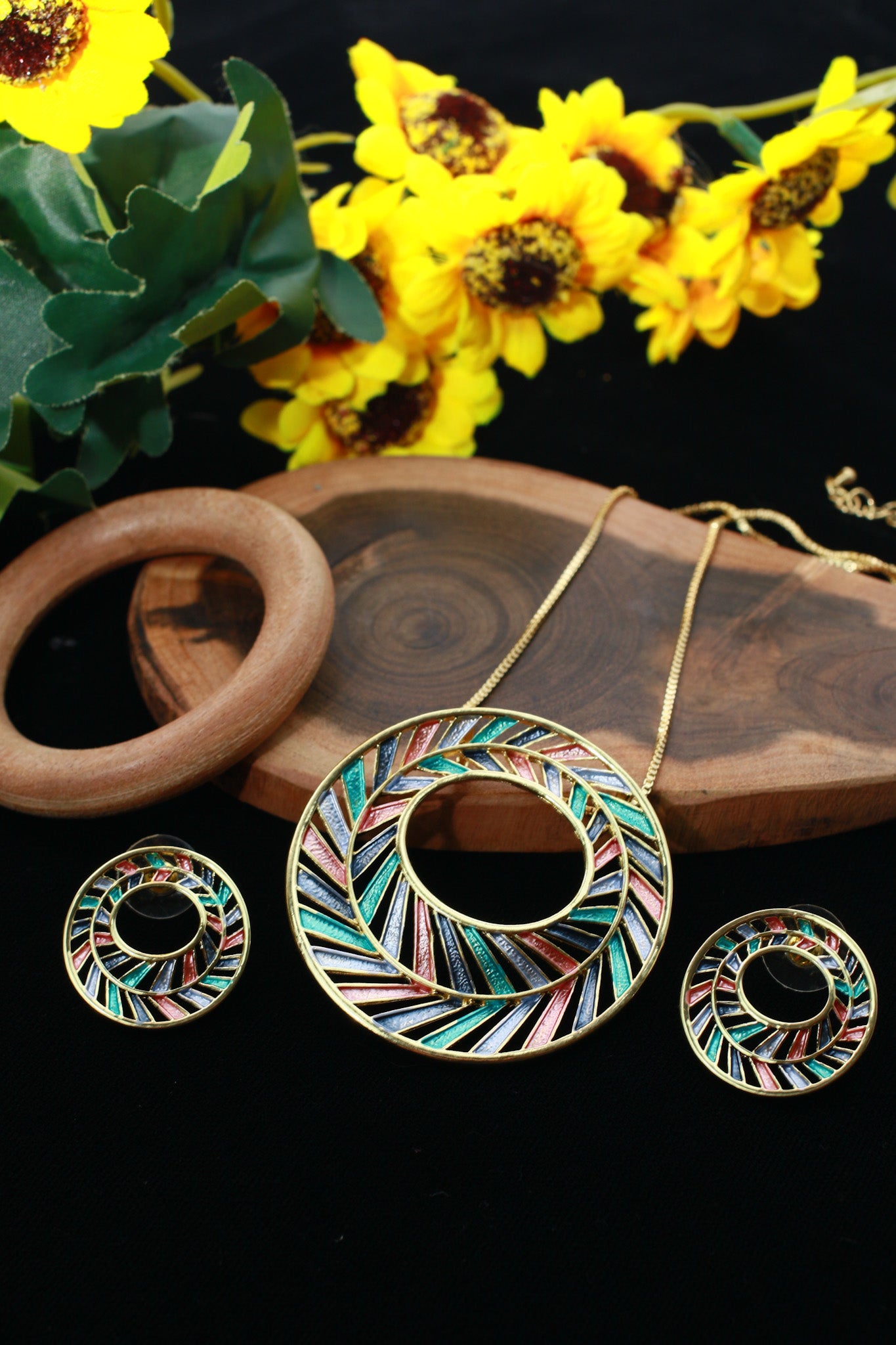 Multicolor Enamel Circle Pendant Set - Gold Plated Luxury Necklace & Earrings | Anti Tarnish Finish