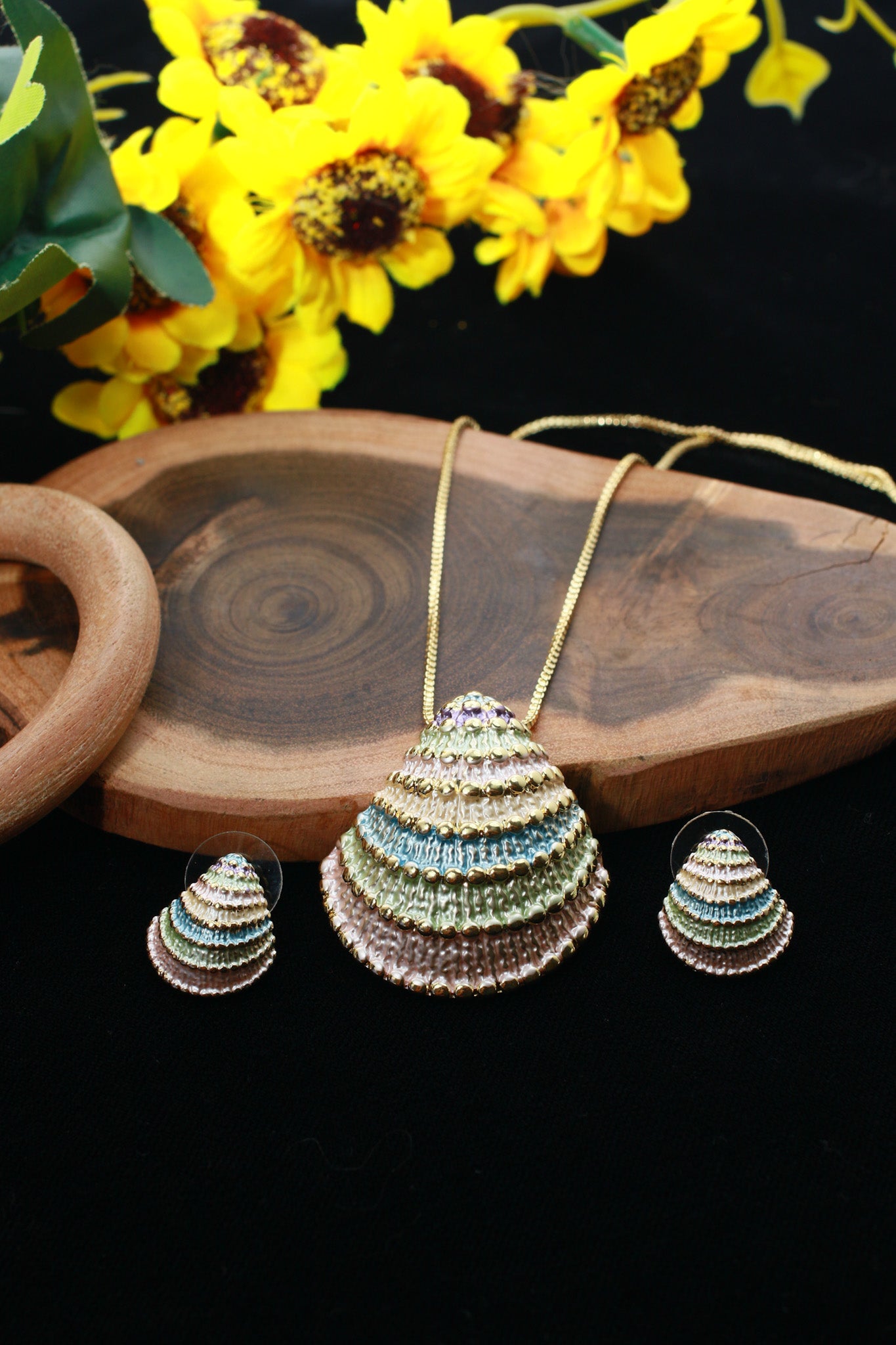 Pastel Shell Fan Pendant Set - Multi-Color Enamel Luxury Necklace & Earrings | Anti Tarnish Coating