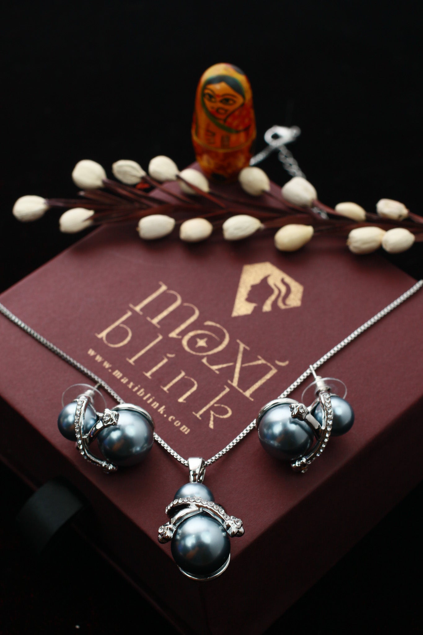 Dual Pearl Pendant Set - Silver Plated Blue Pearl Necklace & Earrings | Long Lasting Anti Tarnish