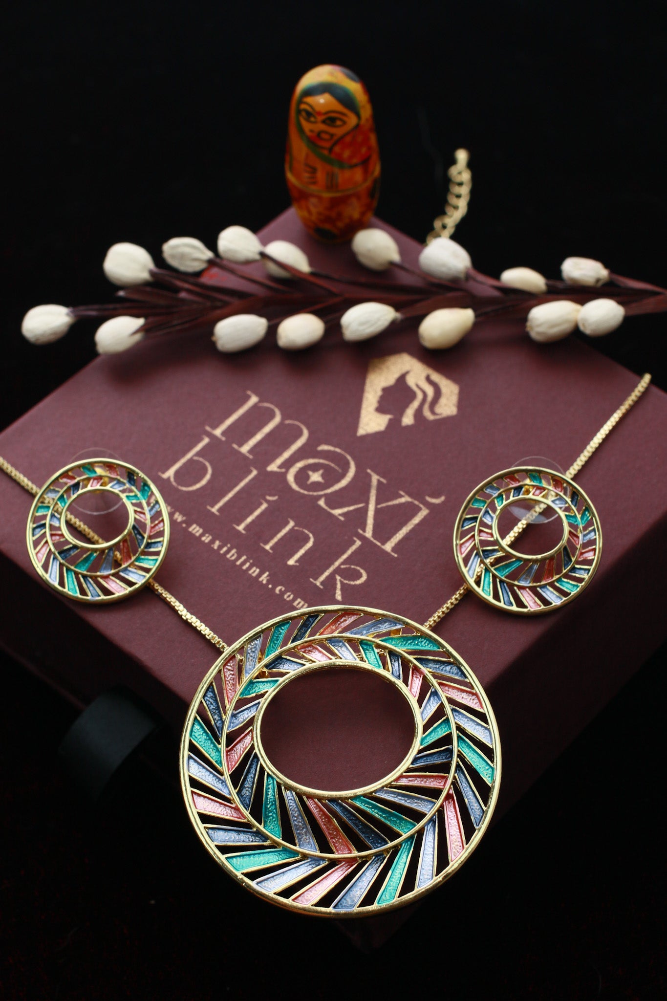 Multicolor Enamel Circle Pendant Set - Gold Plated Luxury Necklace & Earrings | Anti Tarnish Finish