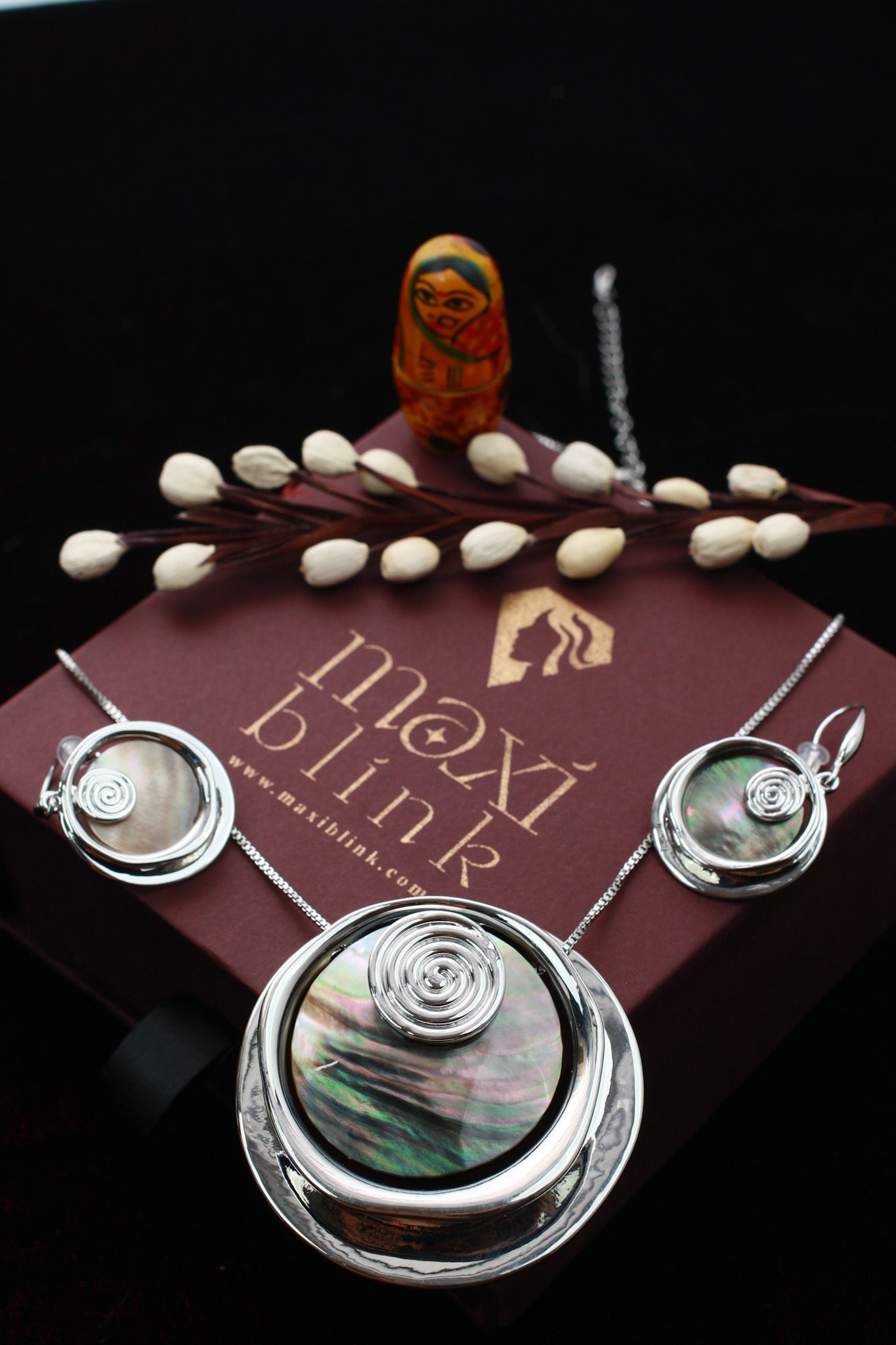 Spiral Abalone Pendant Set - Silver Finish Statement Necklace & Earrings | Anti Tarnish