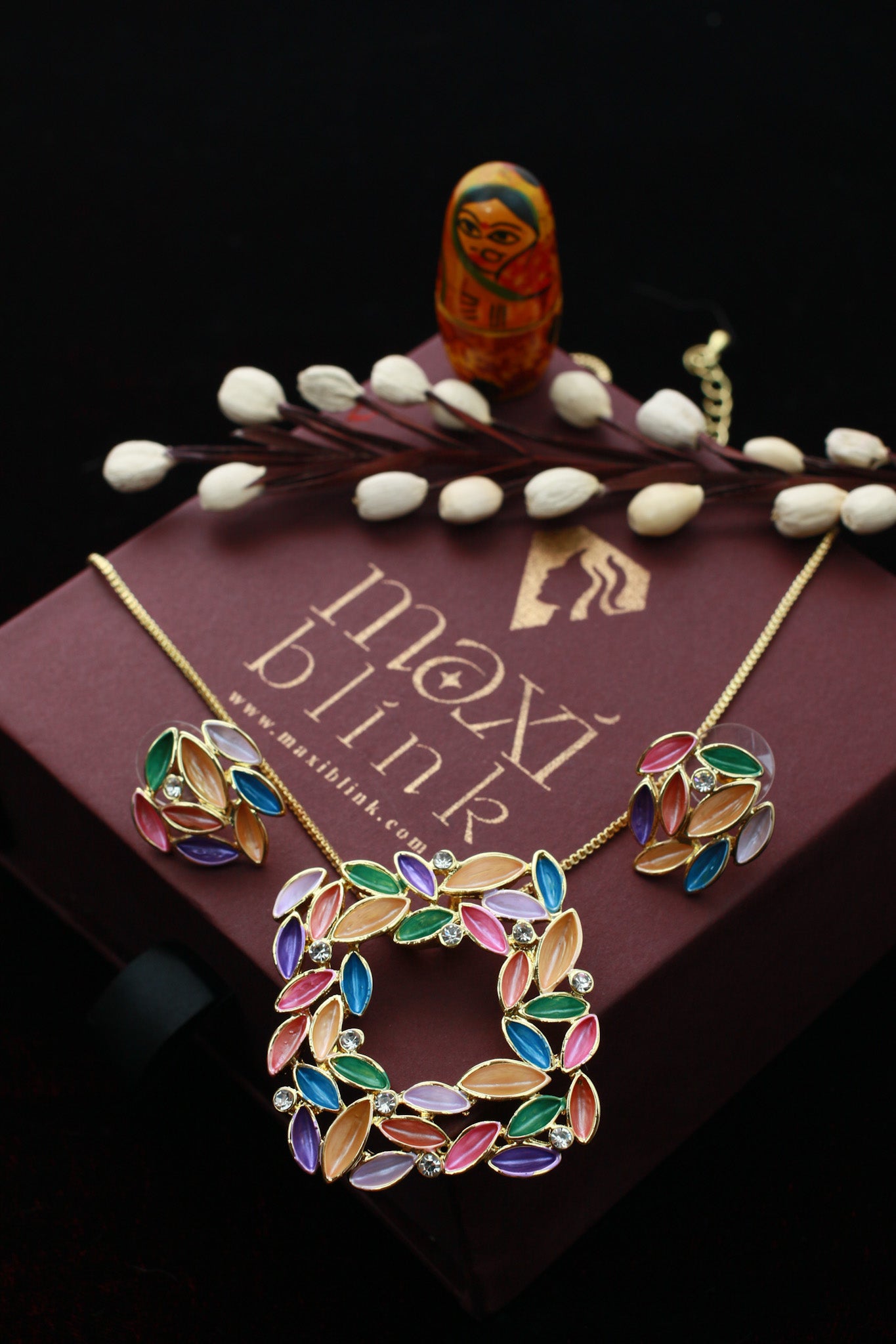 Multicolor Leaf Pendant Set - Enamel Jewelry with Gold Plating | Vibrant Festive Look | Anti Tarnish