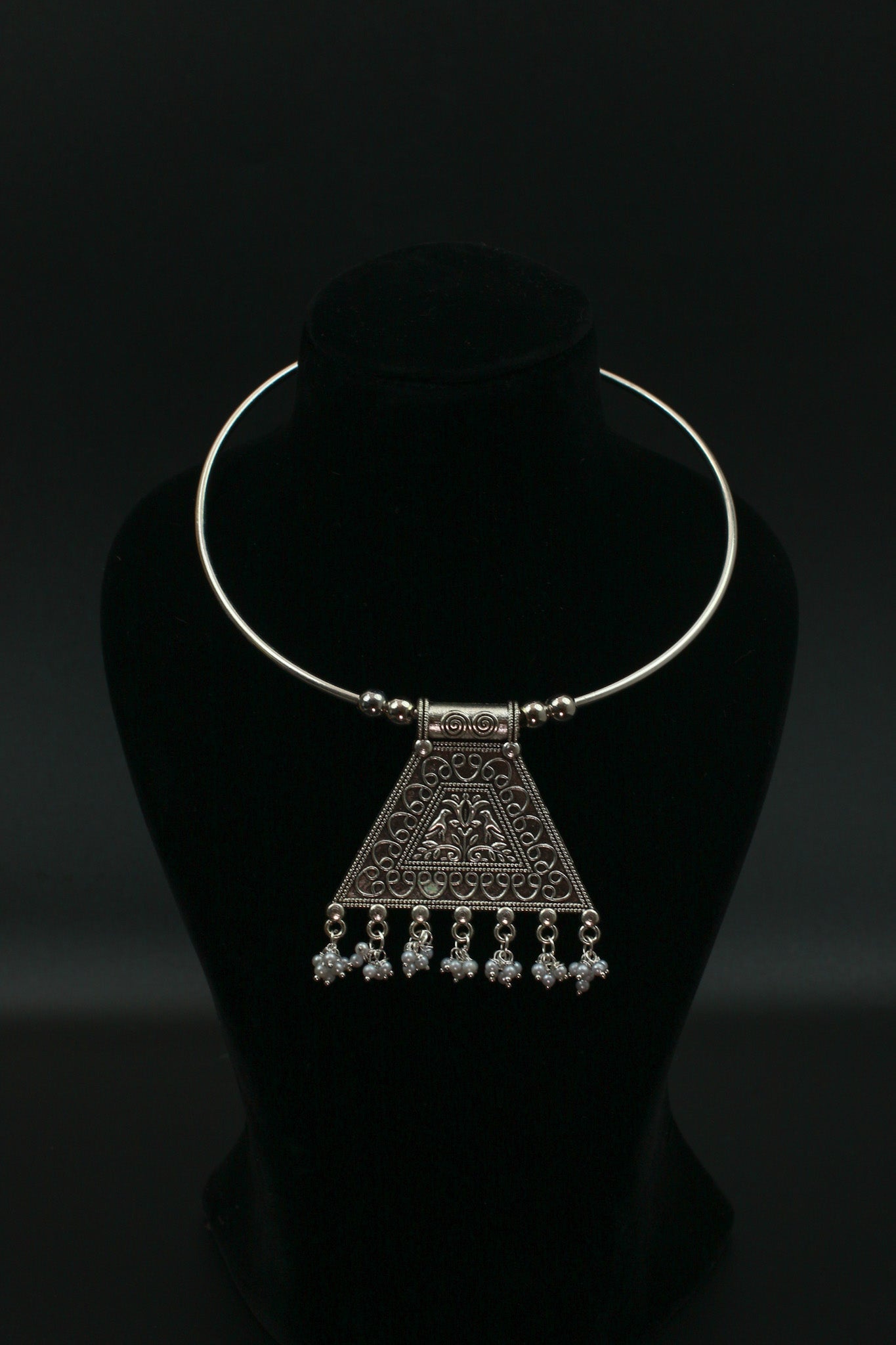 Oxidised German Silver Hansli Necklace with Filigree Triangle Pendant | Ethnic Statement Choker