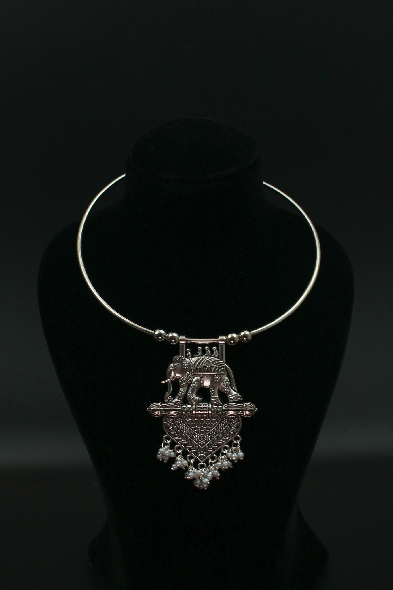 Oxidised German Silver Hansli Necklace with Elephant Motif & Heart Pendant | Antique Tribal Jewellery