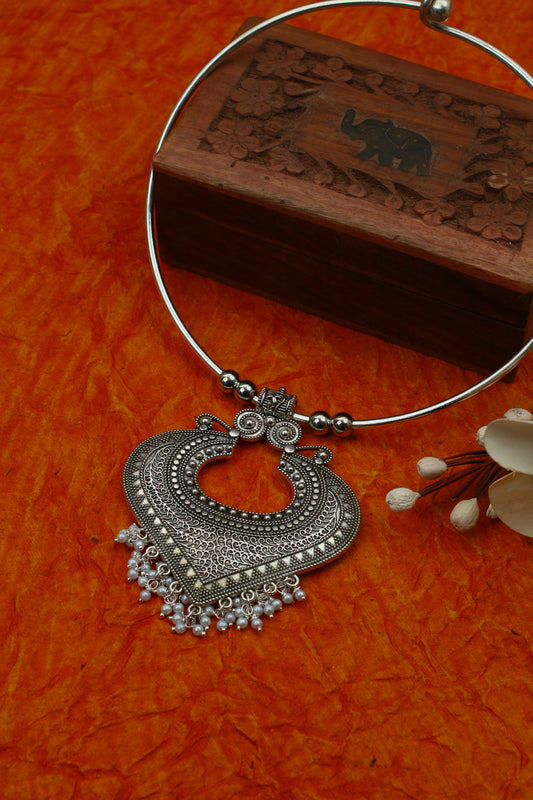 Oxidised German Silver Hansli Necklace with Heart Motif & Ghungroo Drops | Tribal Statement Choker
